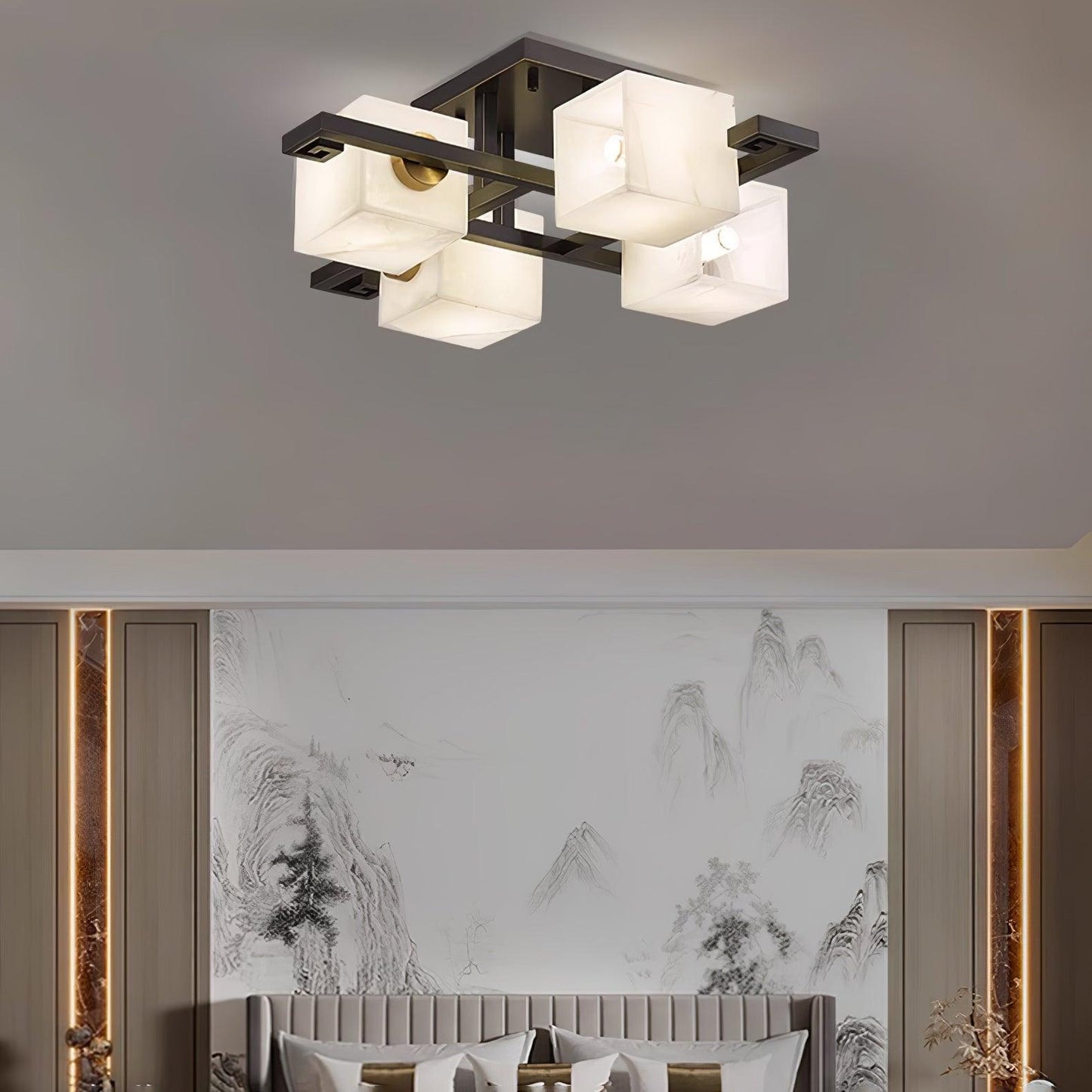Cubist Alabaster Cluster Ceiling Lamp Modern Black & White 4-Head Light