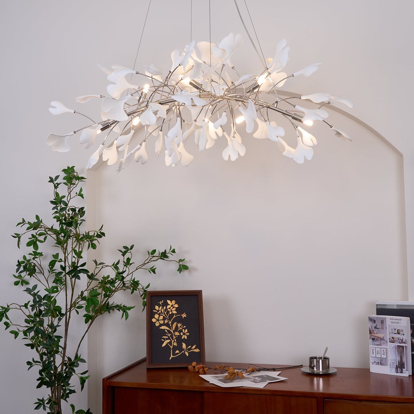 Gingko Chandelier N Luxury Ceramic Leaf Ceiling Light Gold White Nickel Finish