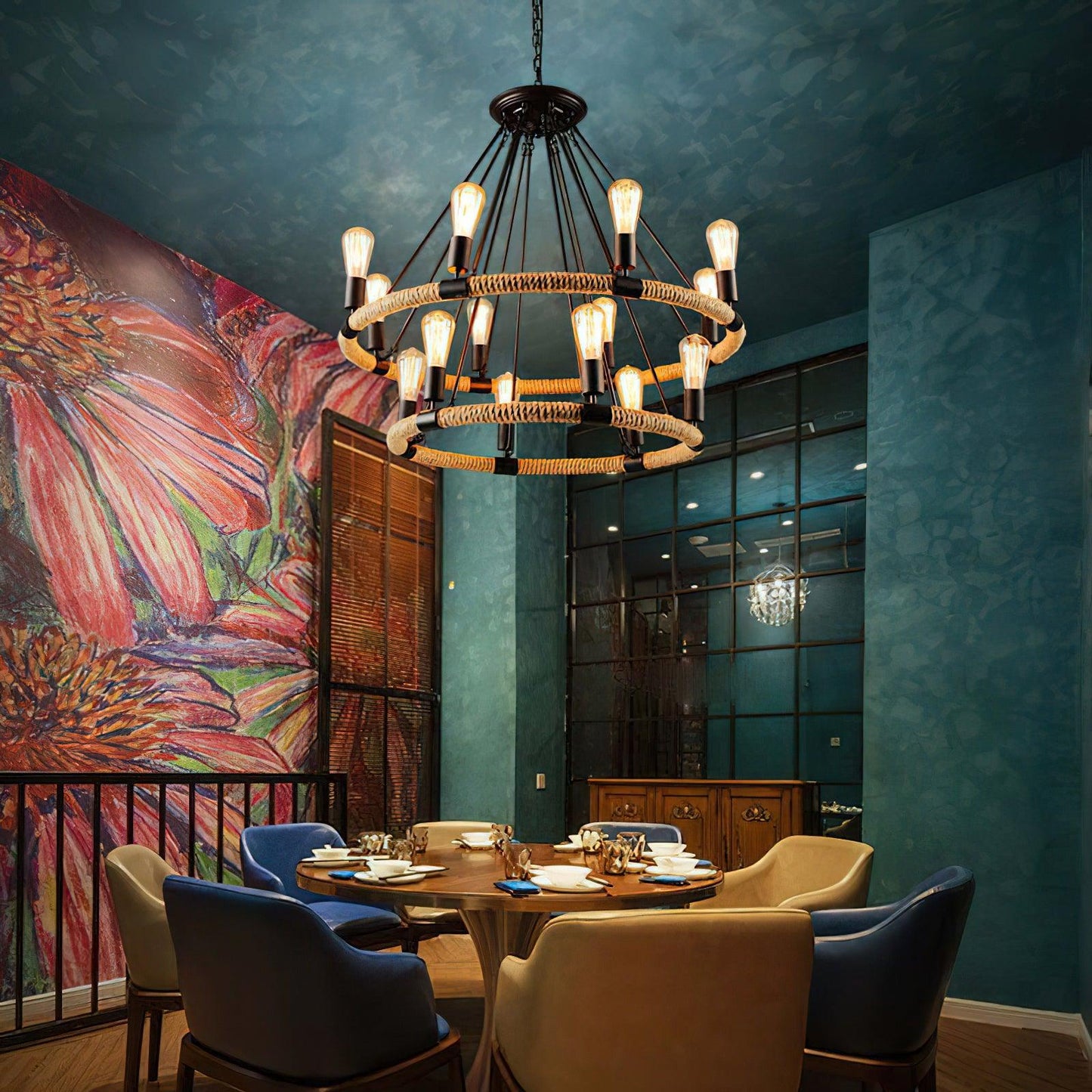 Hemp Rope Industrial Large Circle Chandelier - YIOSI