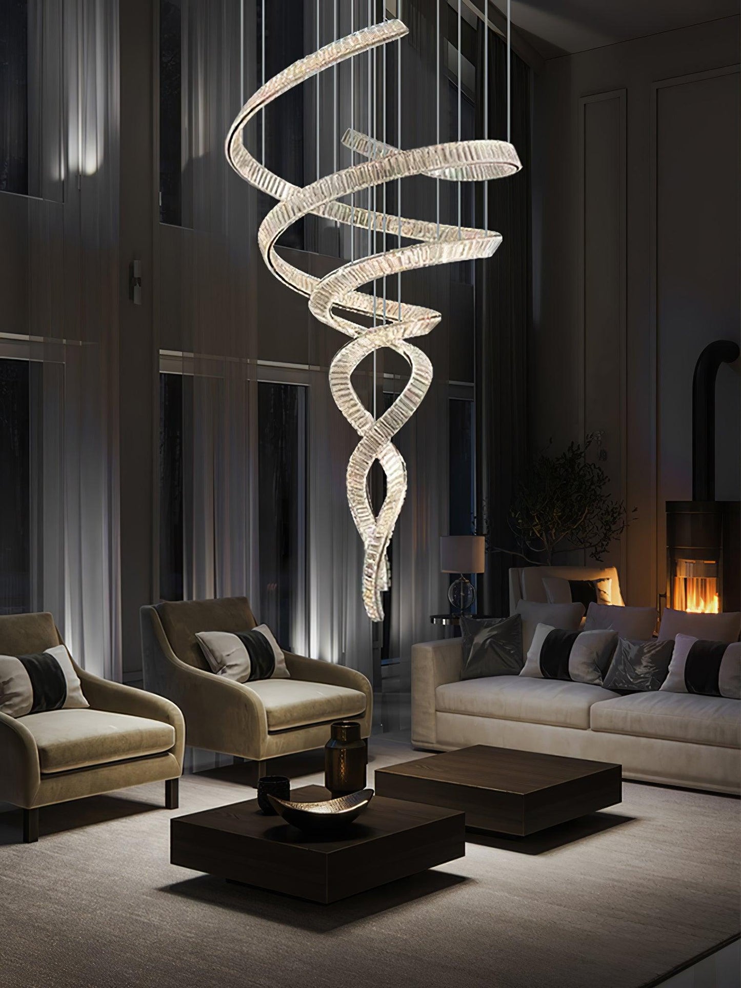 Elegant Long Spiral Crystal Chandelier with Stainless Steel Frame