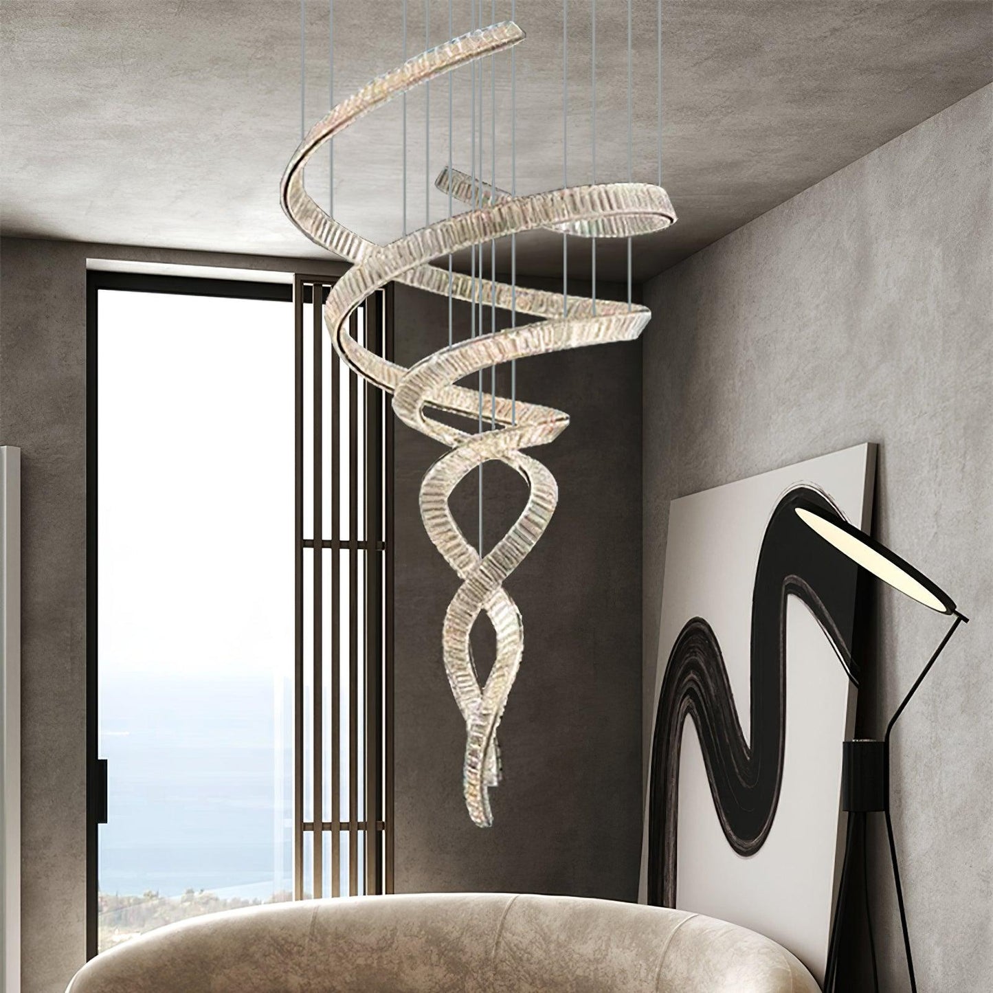 Elegant Long Spiral Crystal Chandelier with Stainless Steel Frame