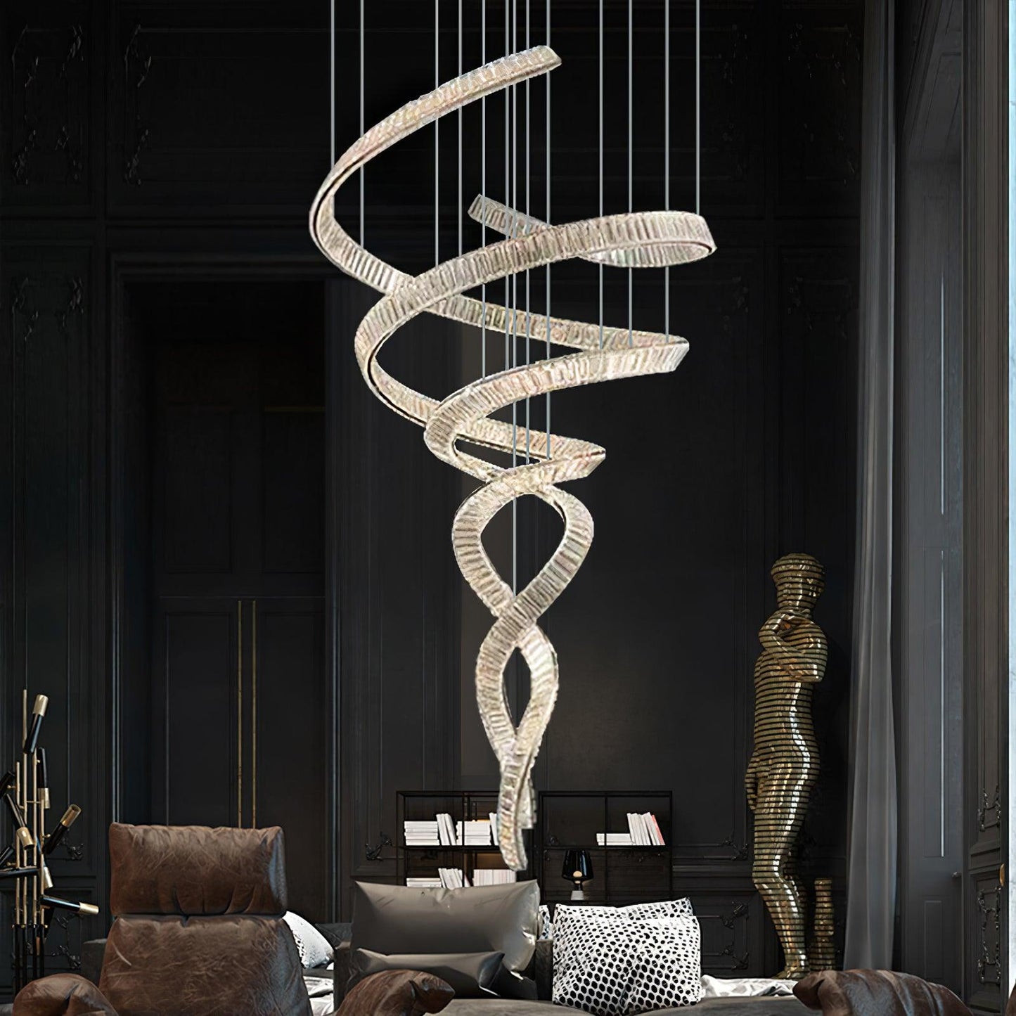 Elegant Long Spiral Crystal Chandelier with Stainless Steel Frame