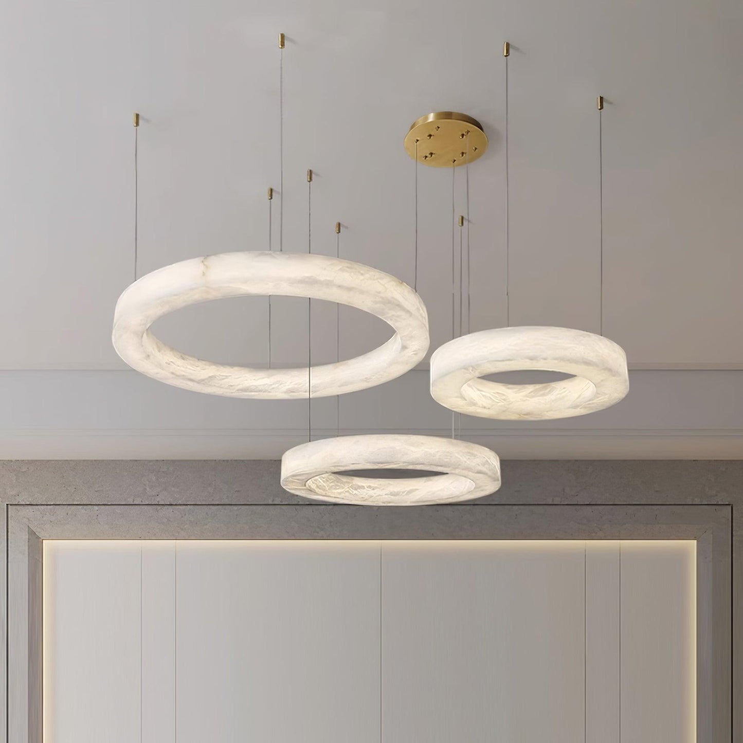 Marika Alabaster Brass & White Alabaster Chandelier – Modern Circular Light