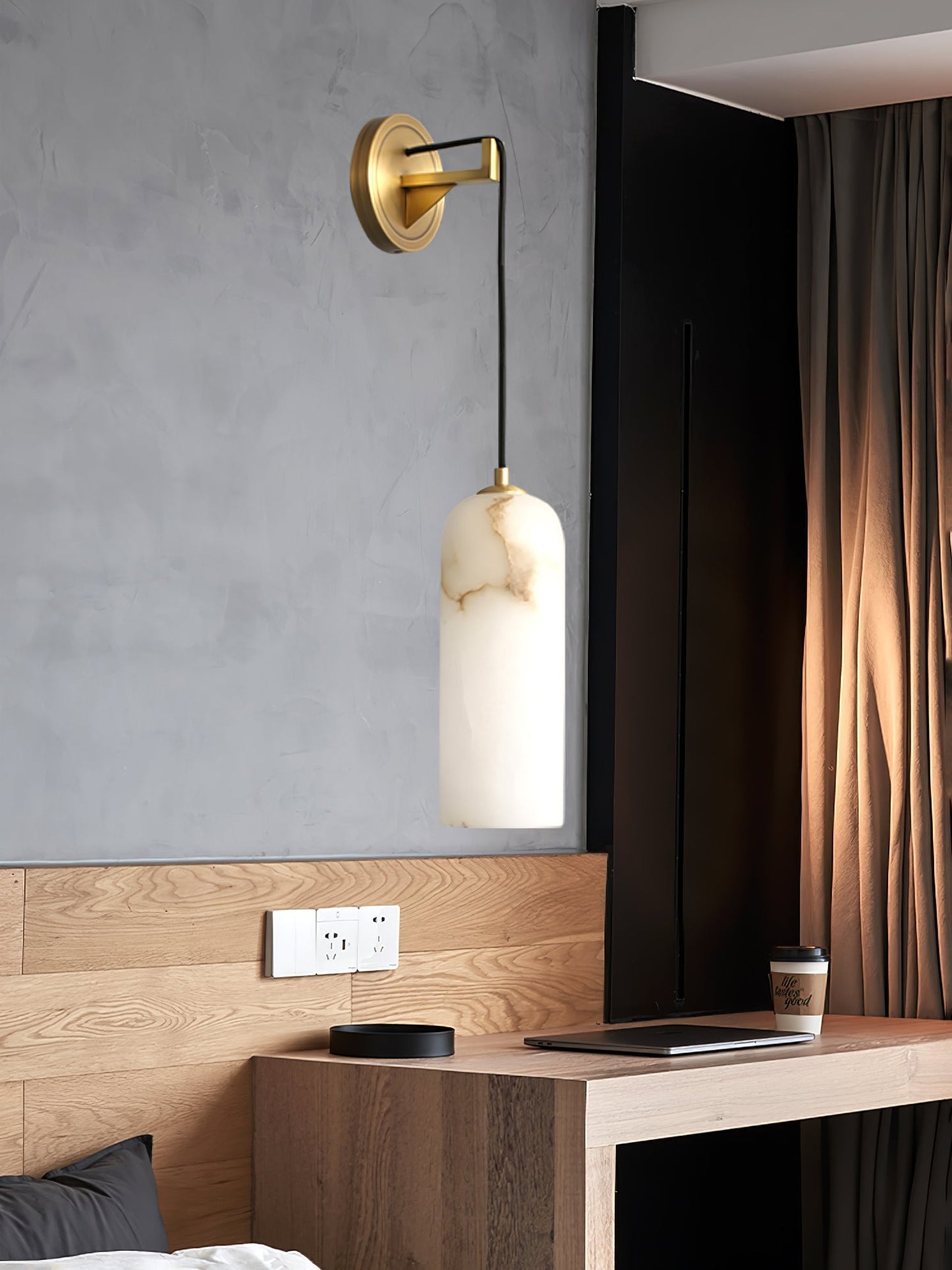 Monty Brass & White Alabaster Wall Lamp with Braided Cord