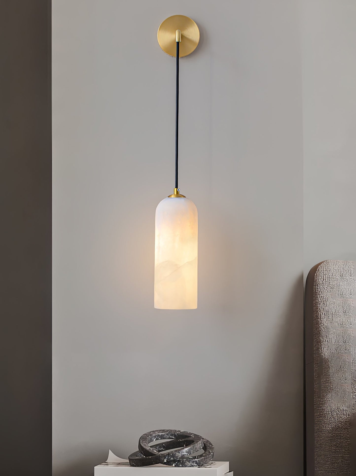 Monty Brass & White Alabaster Wall Lamp with Braided Cord