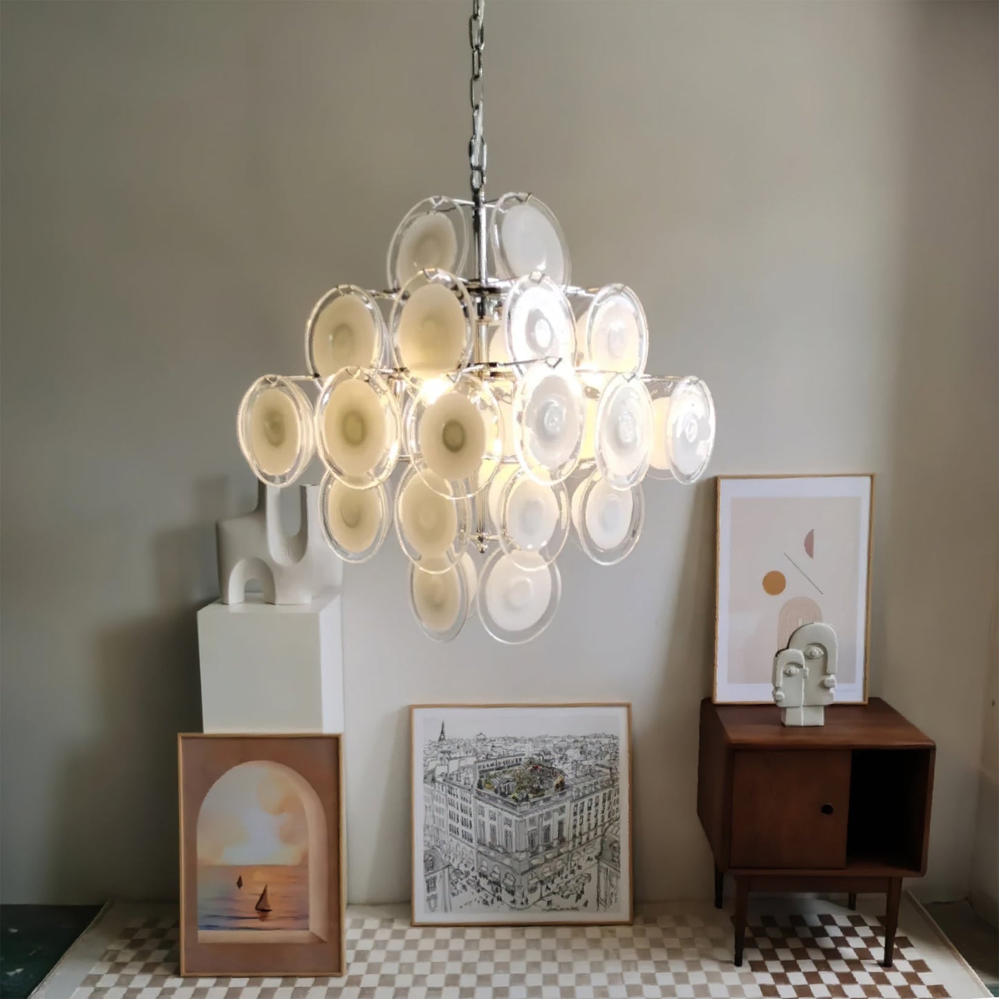 Murano Disc White Glass Chandelier - YIOSI