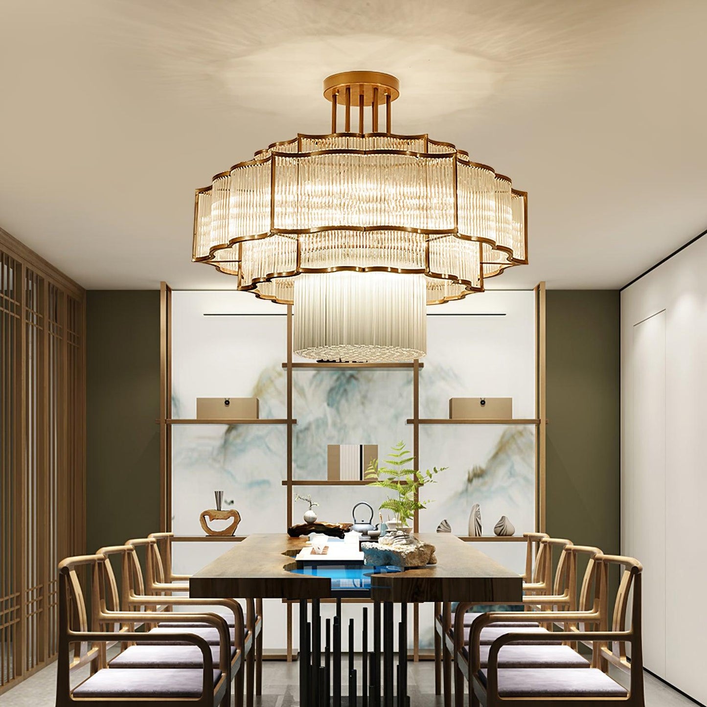 Pharo II Gold Black Crystal Chandelier with Tiered Glass Design