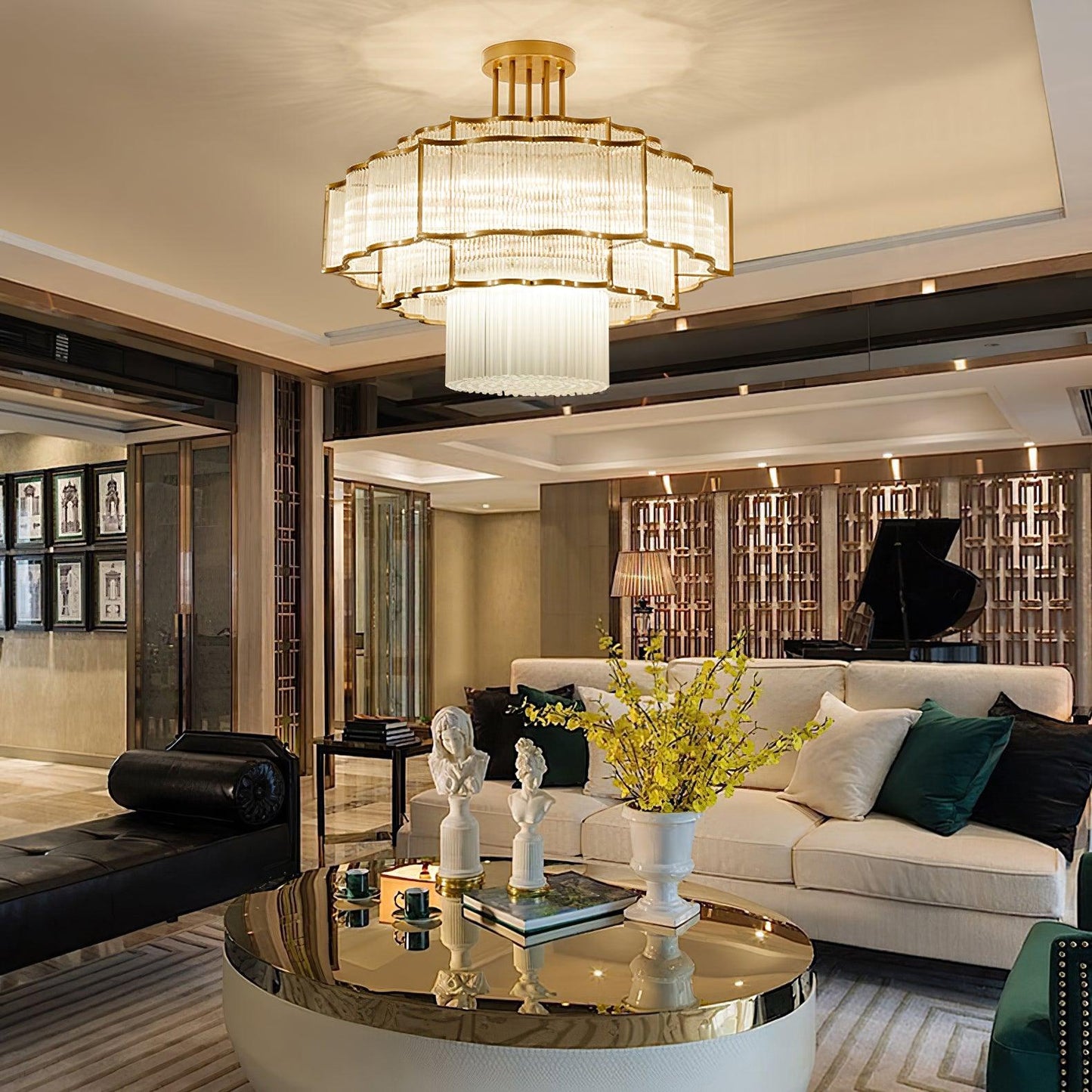 Pharo II Gold Black Crystal Chandelier with Tiered Glass Design