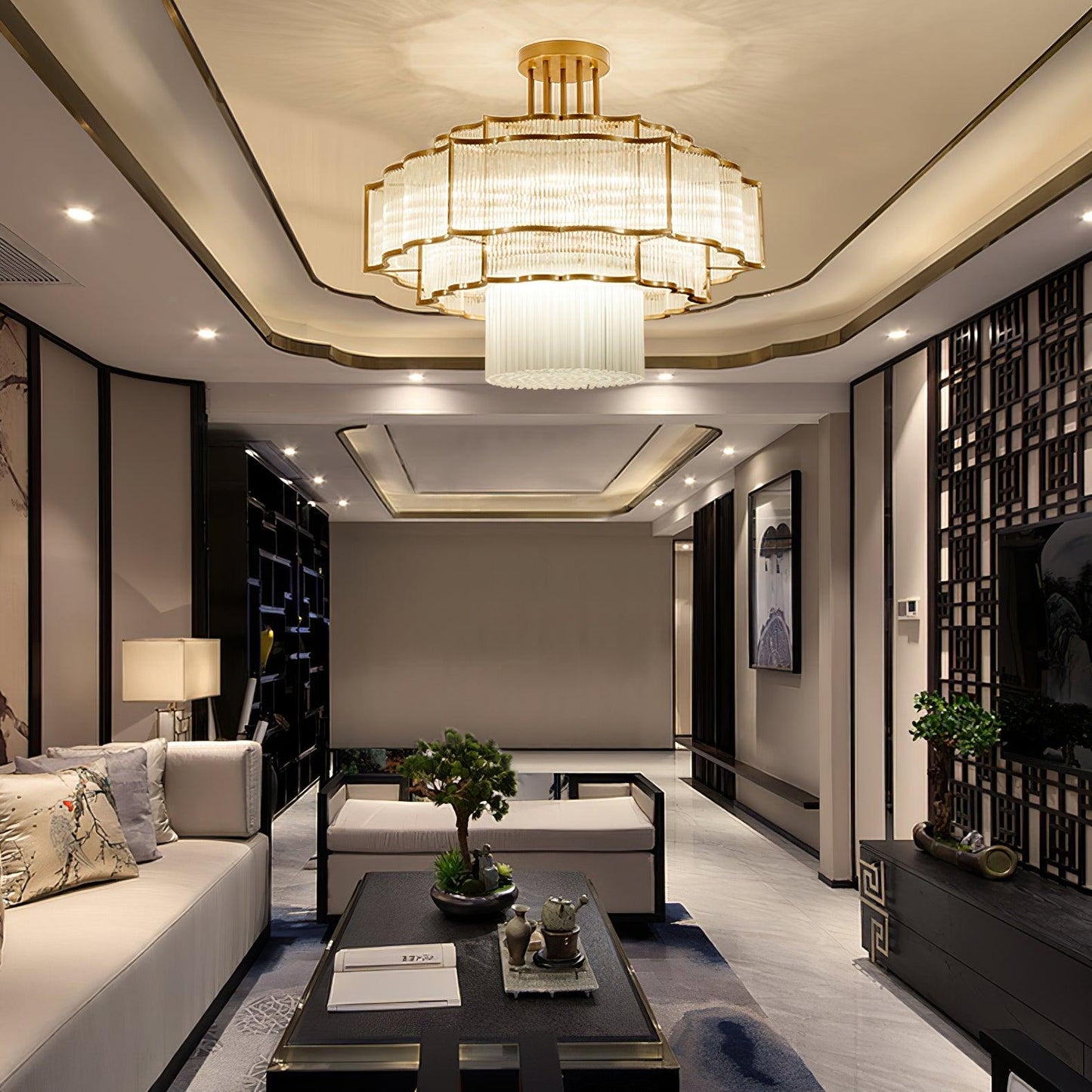 Pharo II Gold Black Crystal Chandelier with Tiered Glass Design