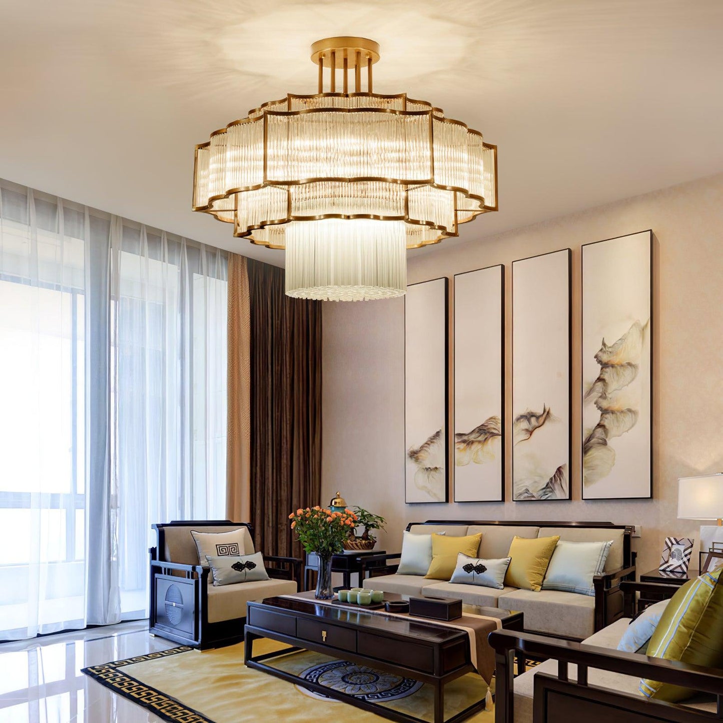 Pharo II Gold Black Crystal Chandelier with Tiered Glass Design