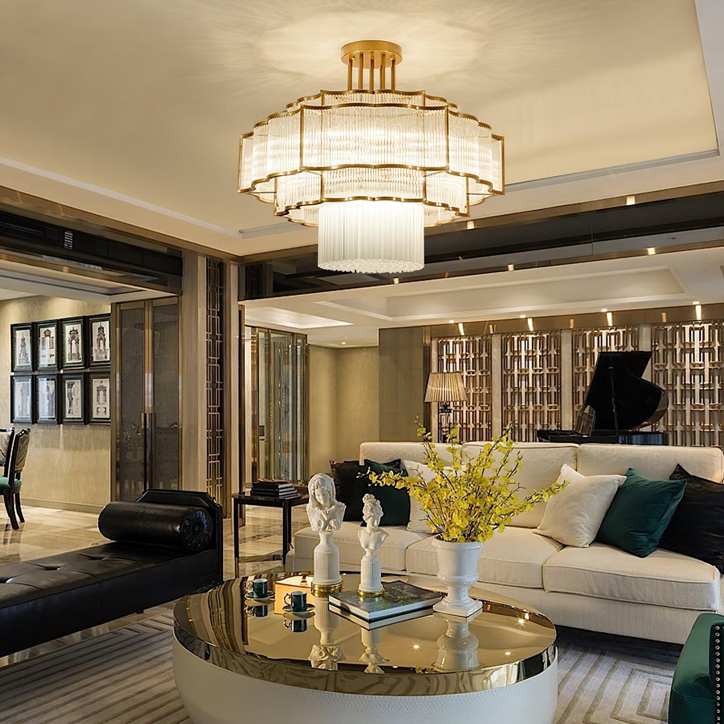 Pharo II Gold Black Crystal Chandelier with Tiered Glass Design