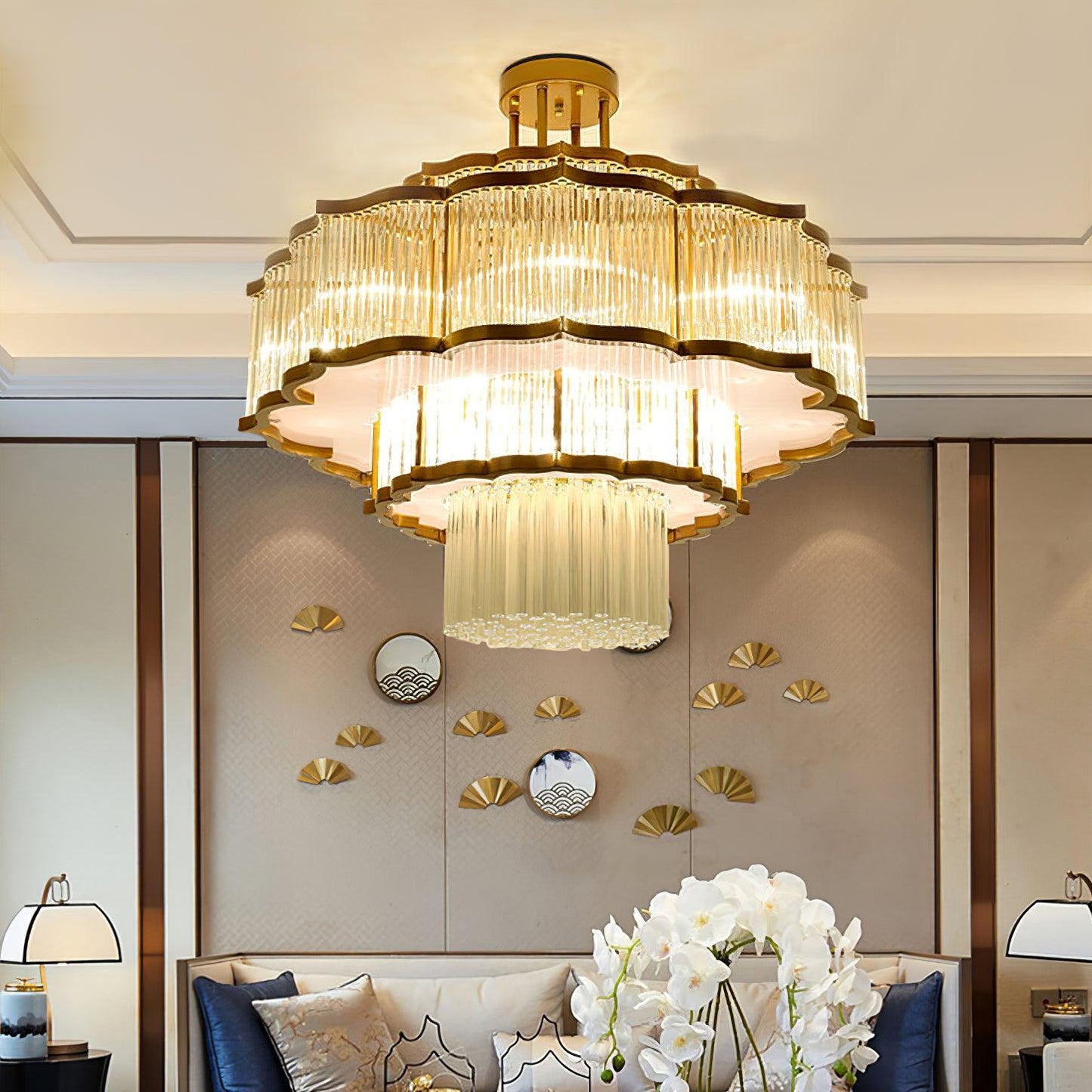 Pharo II Gold Black Crystal Chandelier with Tiered Glass Design