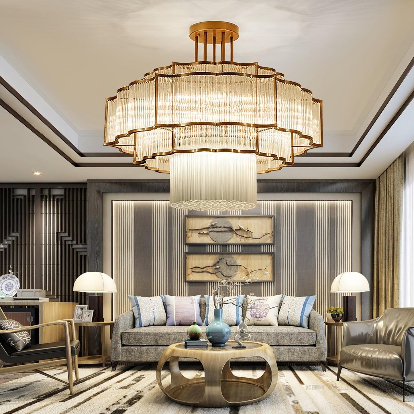 Pharo II Gold Black Crystal Chandelier with Tiered Glass Design