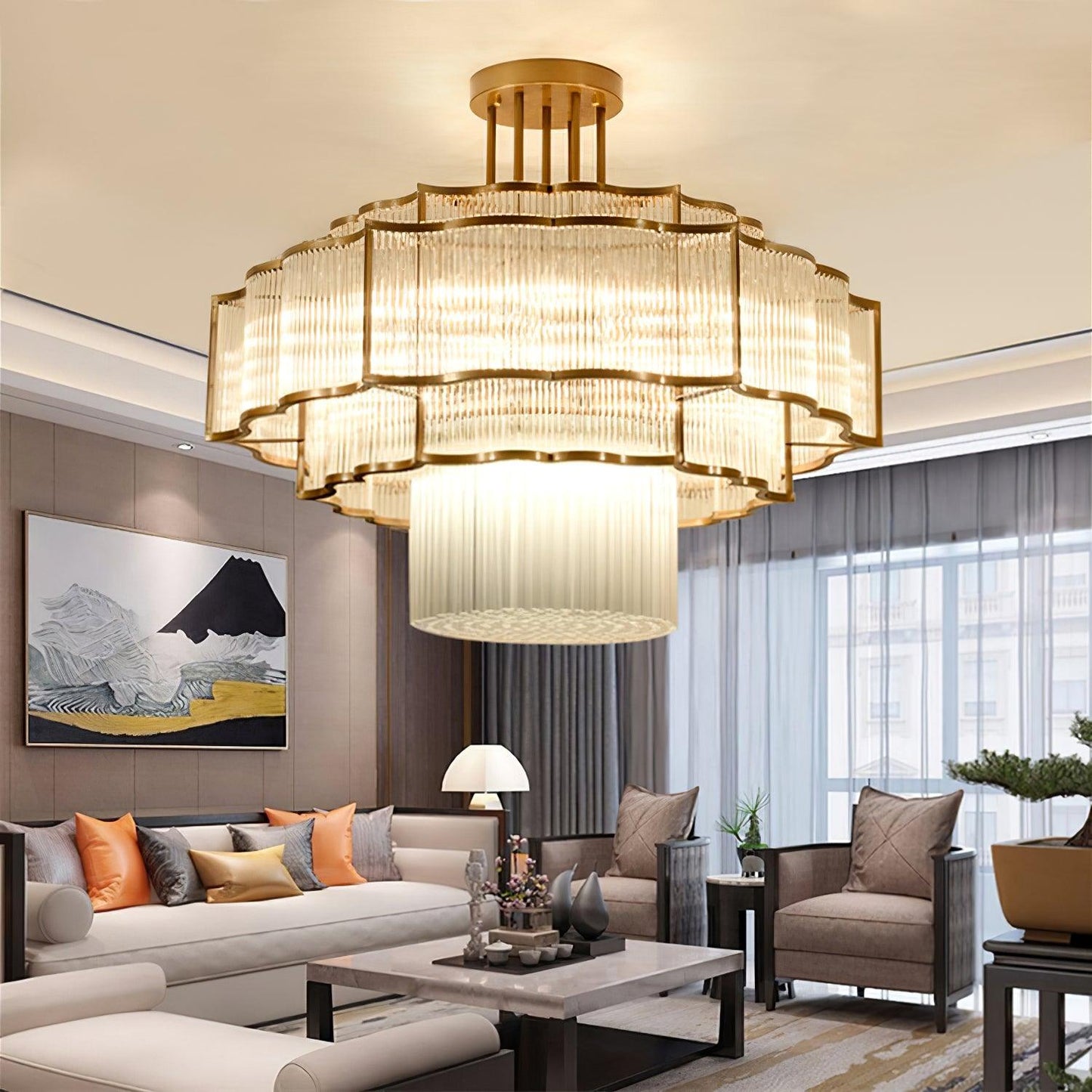 Pharo II Gold Black Crystal Chandelier with Tiered Glass Design