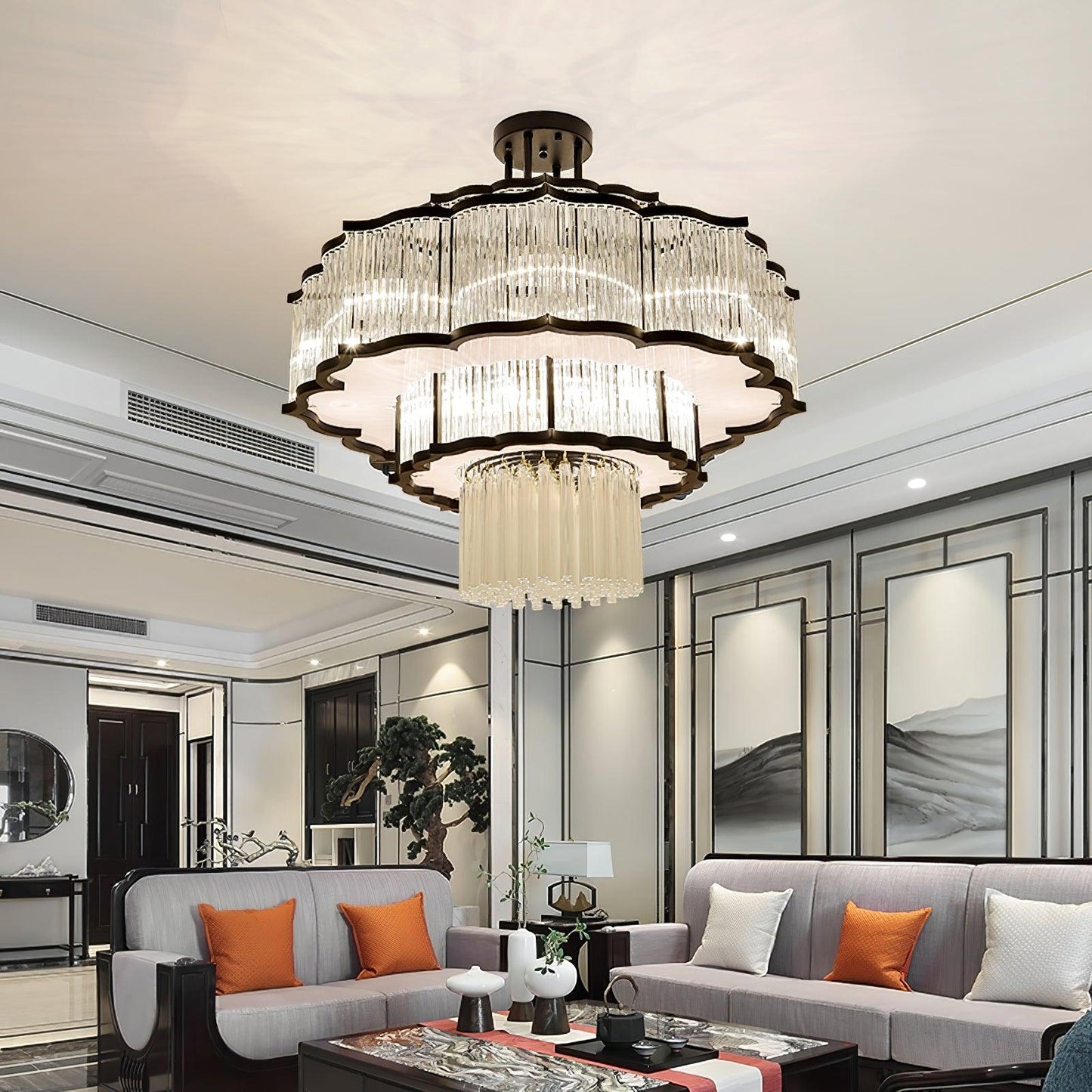 Pharo II Gold Black Crystal Chandelier with Tiered Glass Design