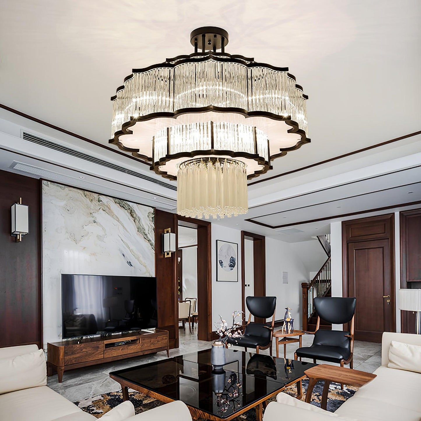 Pharo II Gold Black Crystal Chandelier with Tiered Glass Design