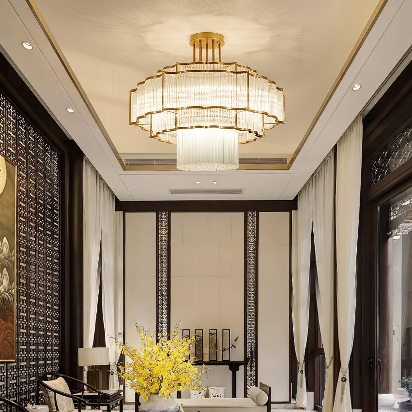 Pharo II Gold Black Crystal Chandelier with Tiered Glass Design