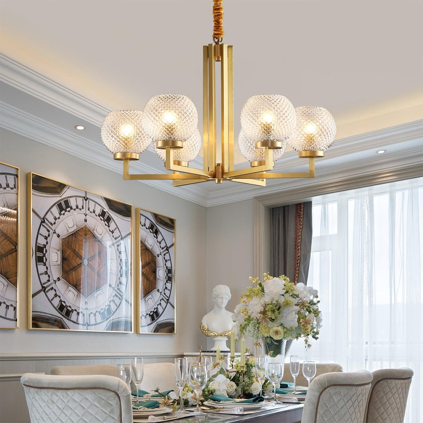 Ribbed Glass Brass Chandelier - YIOSI