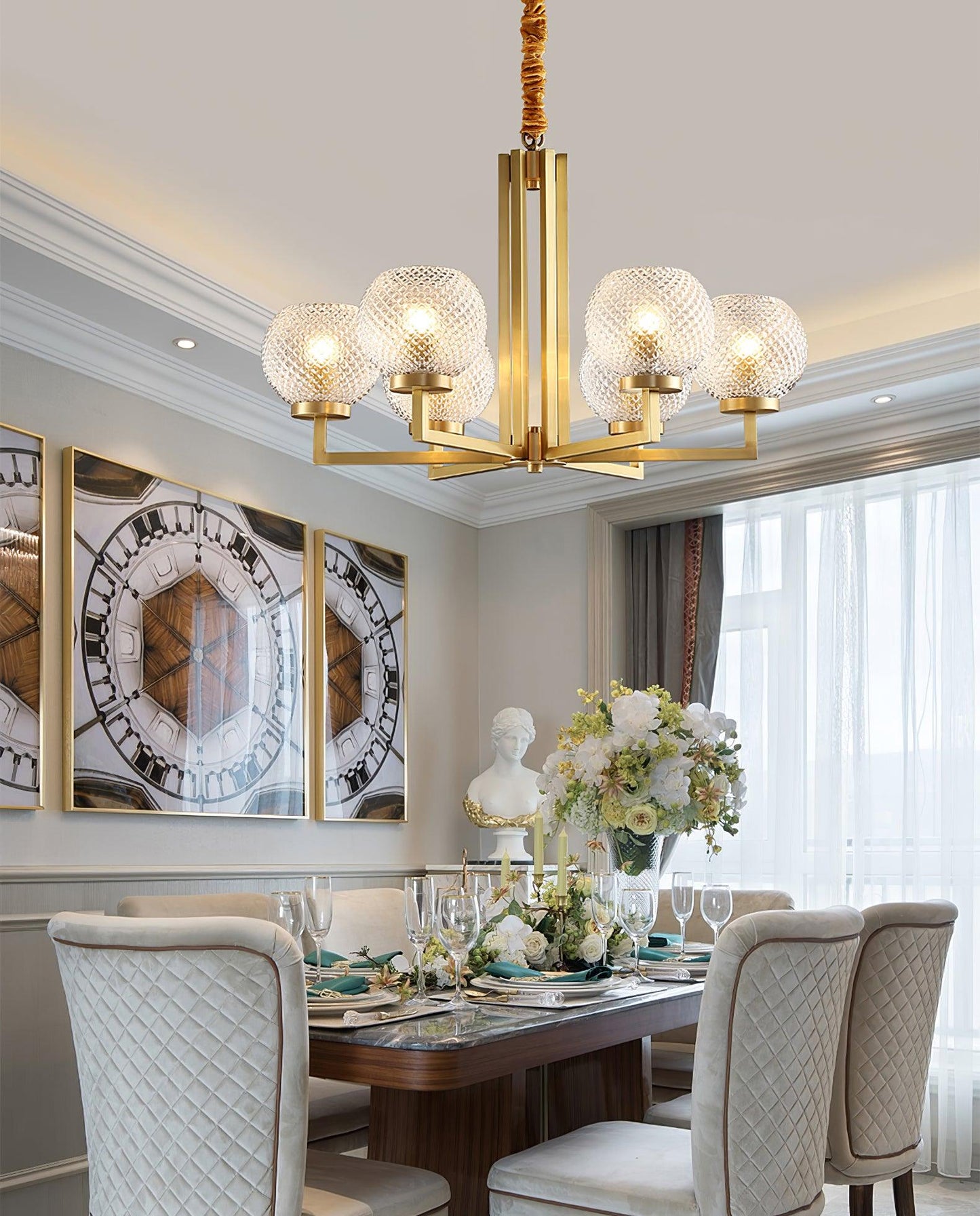 Ribbed Glass Brass Chandelier - YIOSI