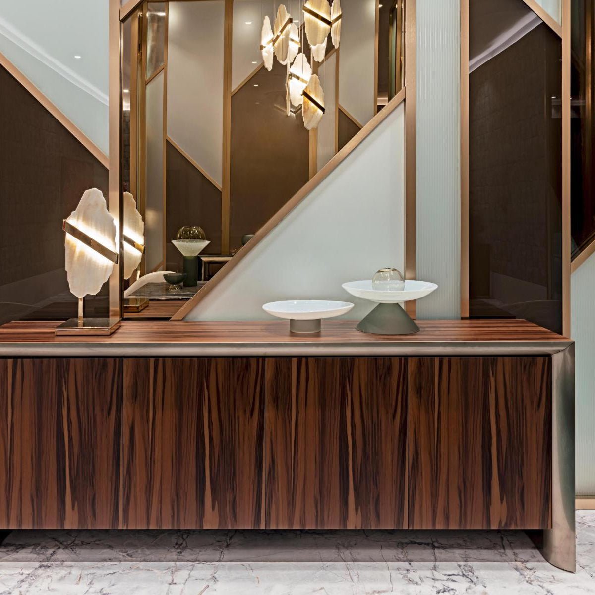 Auralith Gold-White Alabaster LED Chandelier with Seven Panels