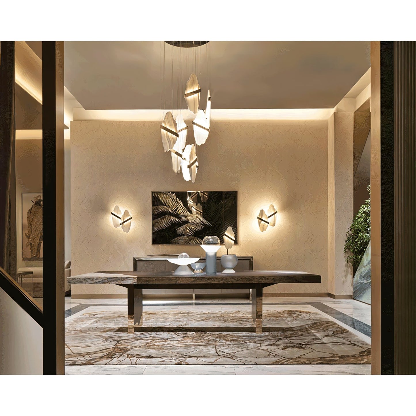 Auralith Gold-White Alabaster LED Chandelier with Seven Panels