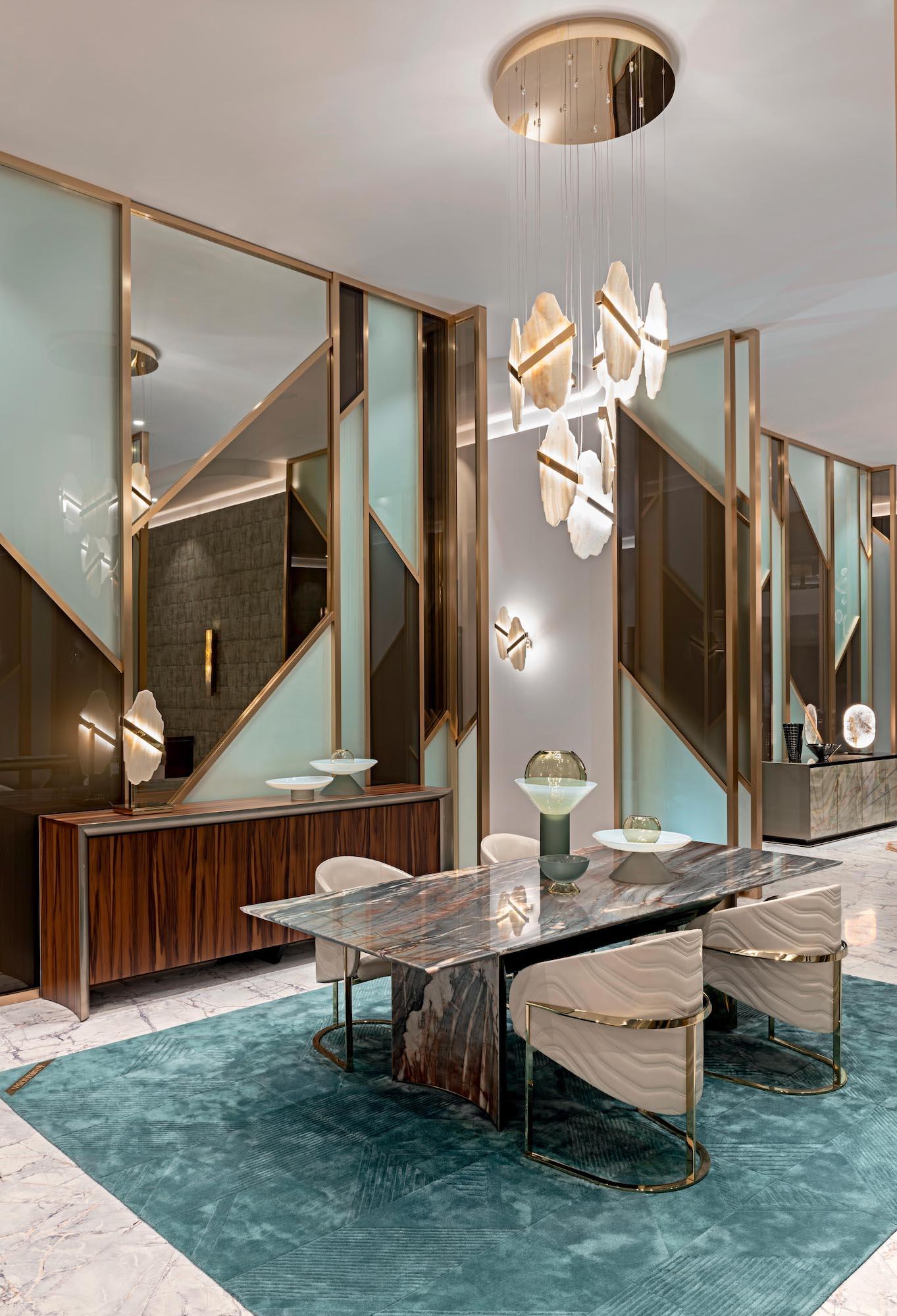 Auralith Gold-White Alabaster LED Chandelier with Seven Panels