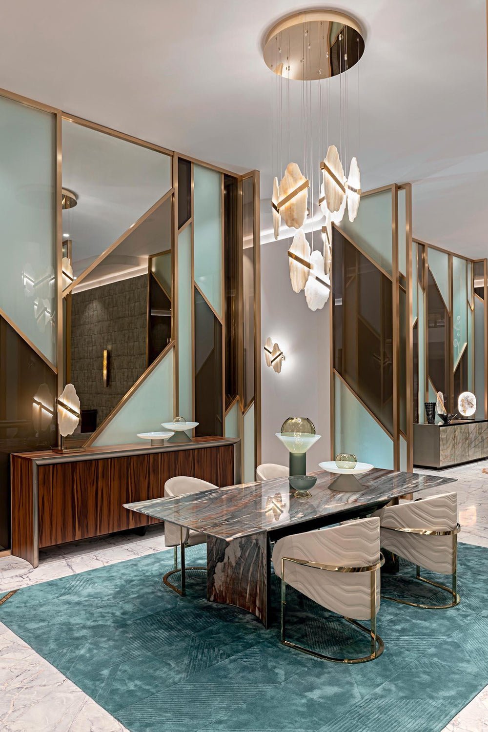 Auralith Gold-White Alabaster LED Chandelier with Seven Panels