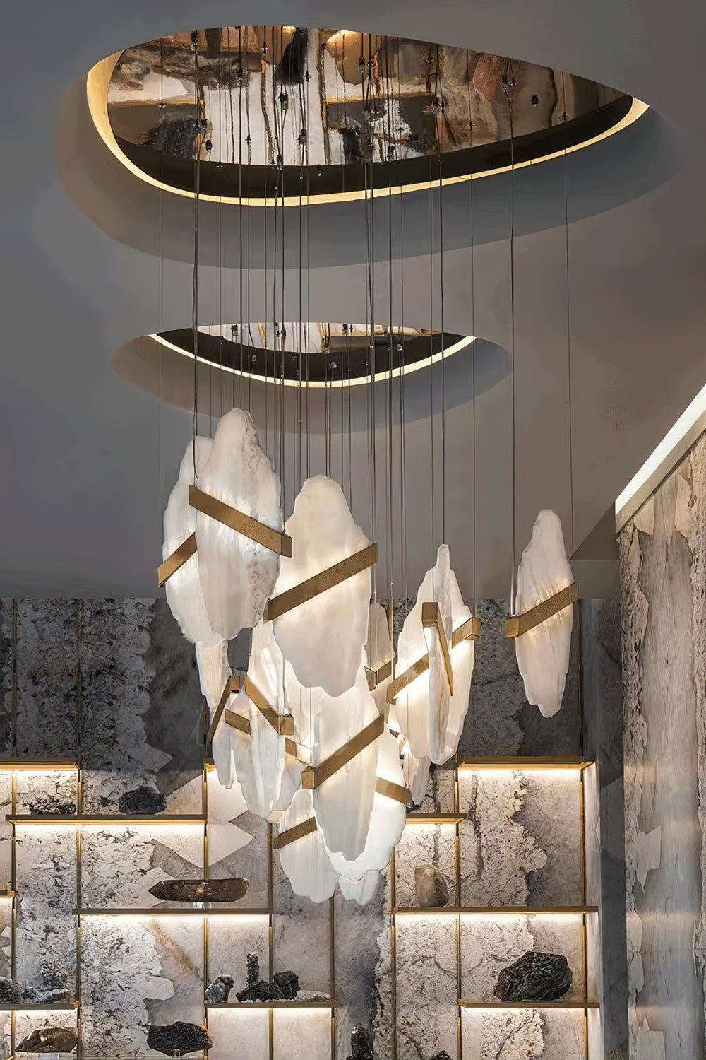 Auralith Gold-White Alabaster LED Chandelier with Seven Panels