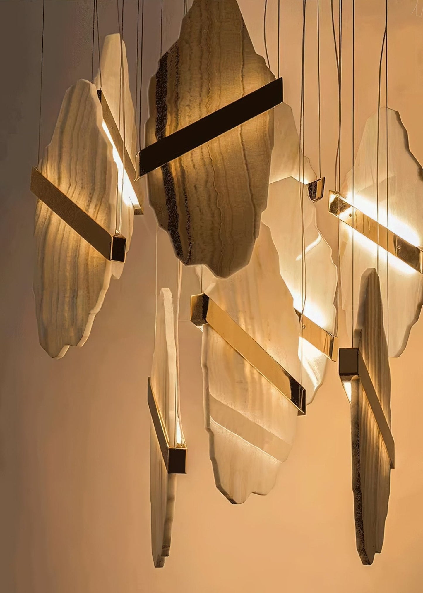 Auralith Gold-White Alabaster LED Chandelier with Seven Panels