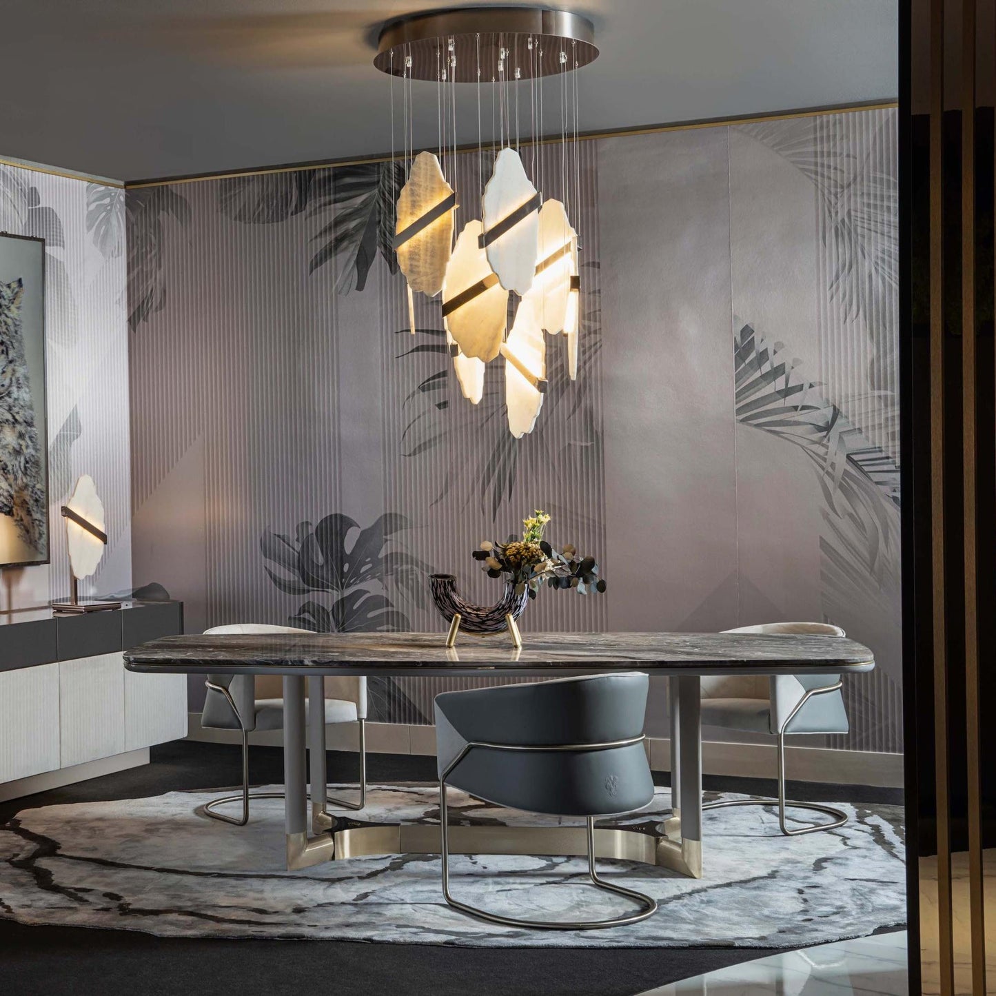 Auralith Gold-White Alabaster LED Chandelier with Seven Panels