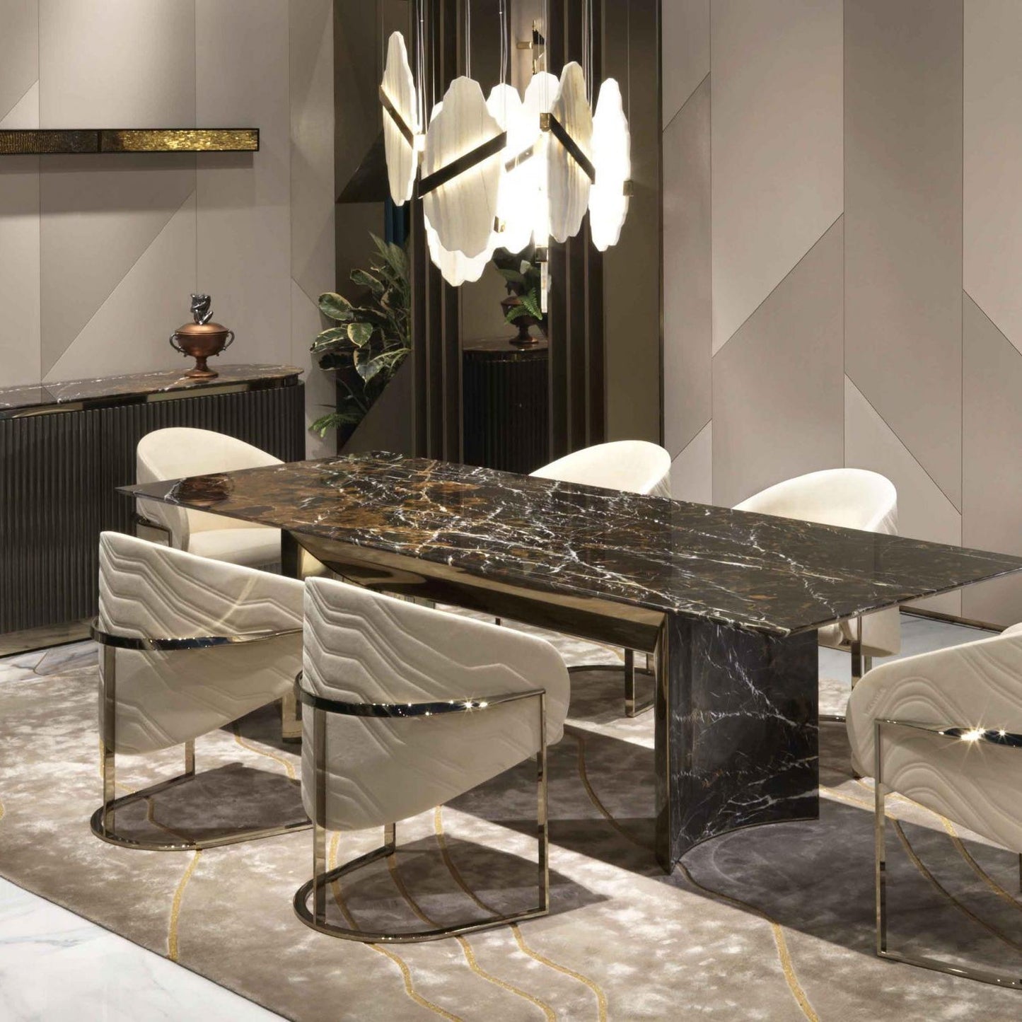 Auralith Gold-White Alabaster LED Chandelier with Seven Panels