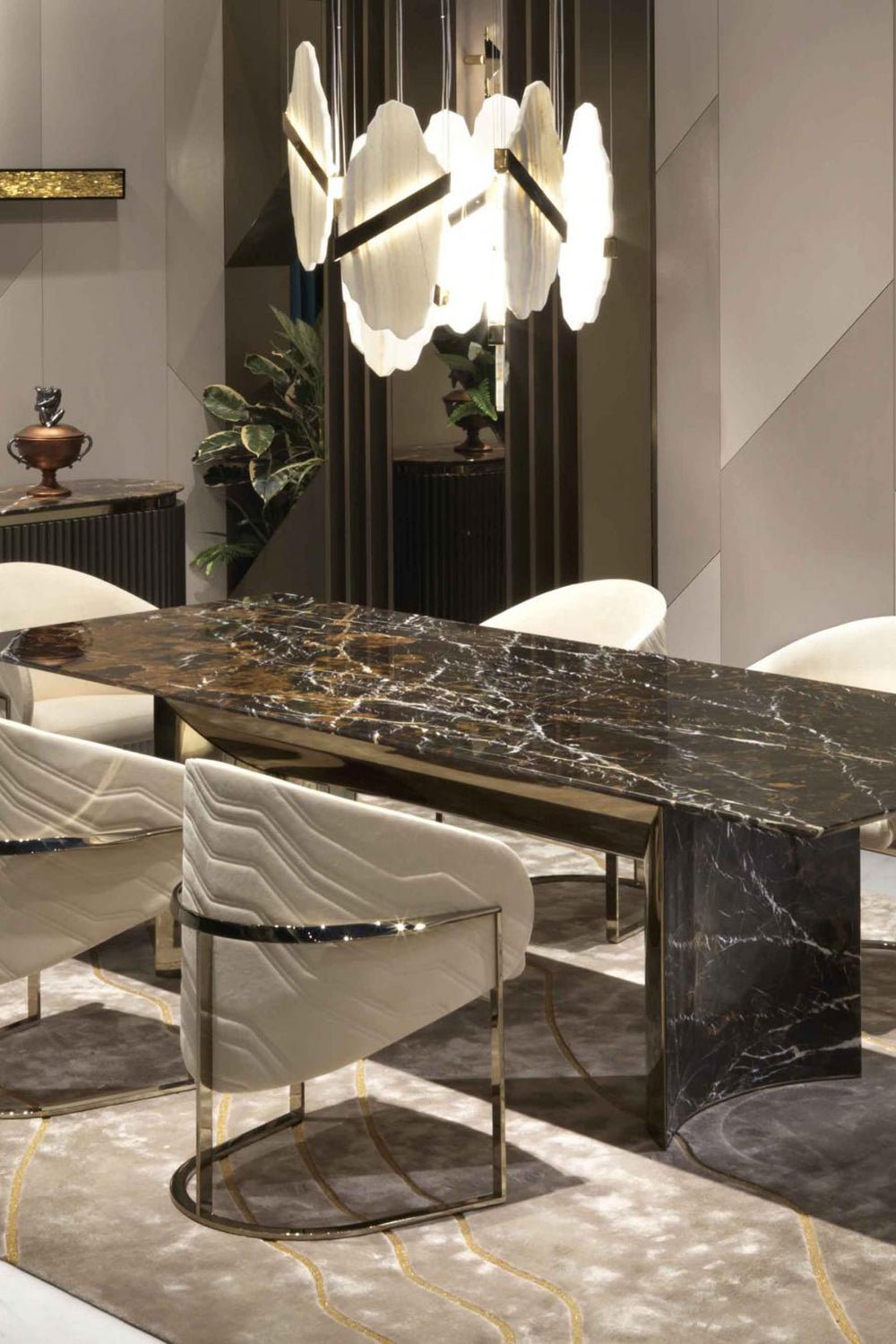Auralith Gold-White Alabaster LED Chandelier with Seven Panels