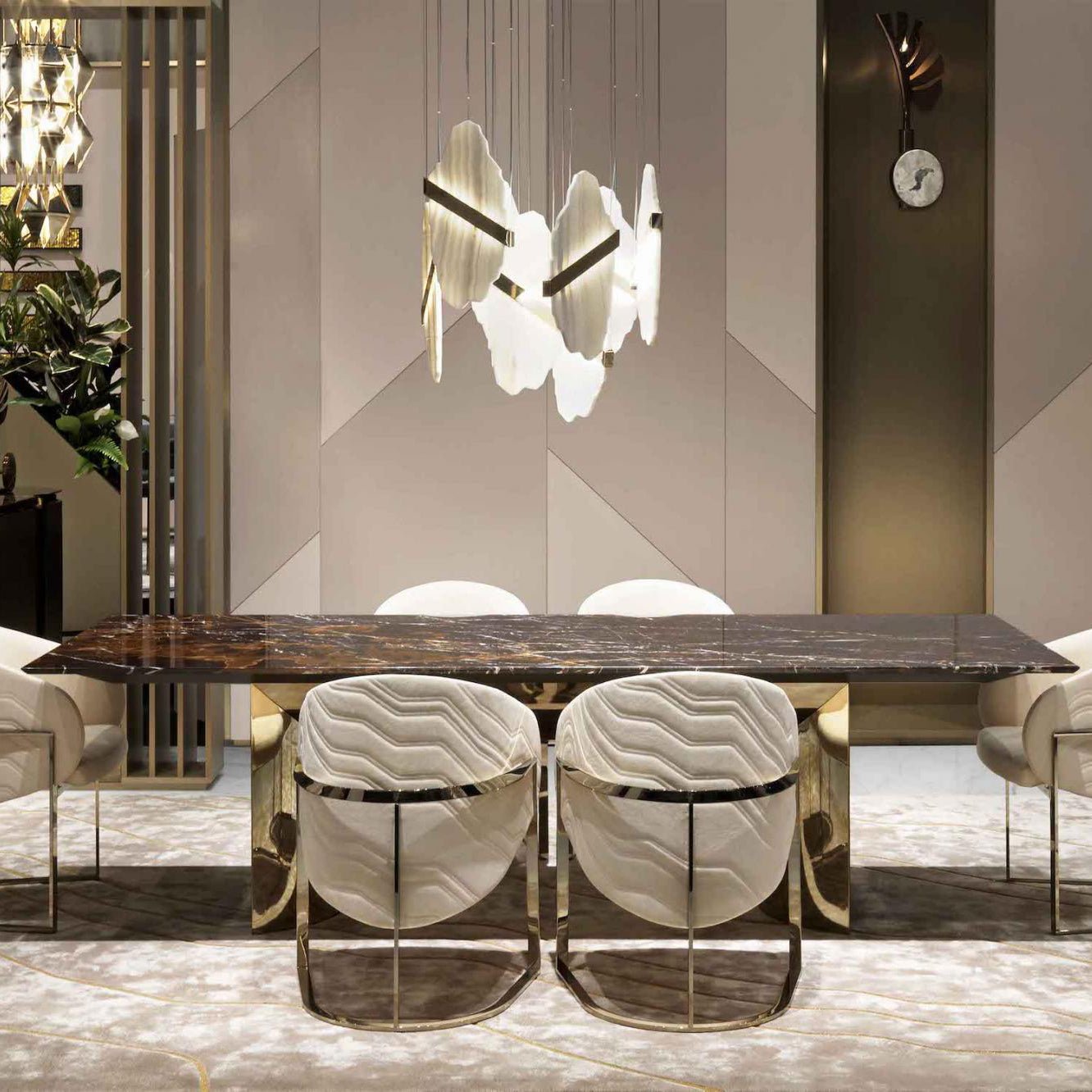 Auralith Gold-White Alabaster LED Chandelier with Seven Panels
