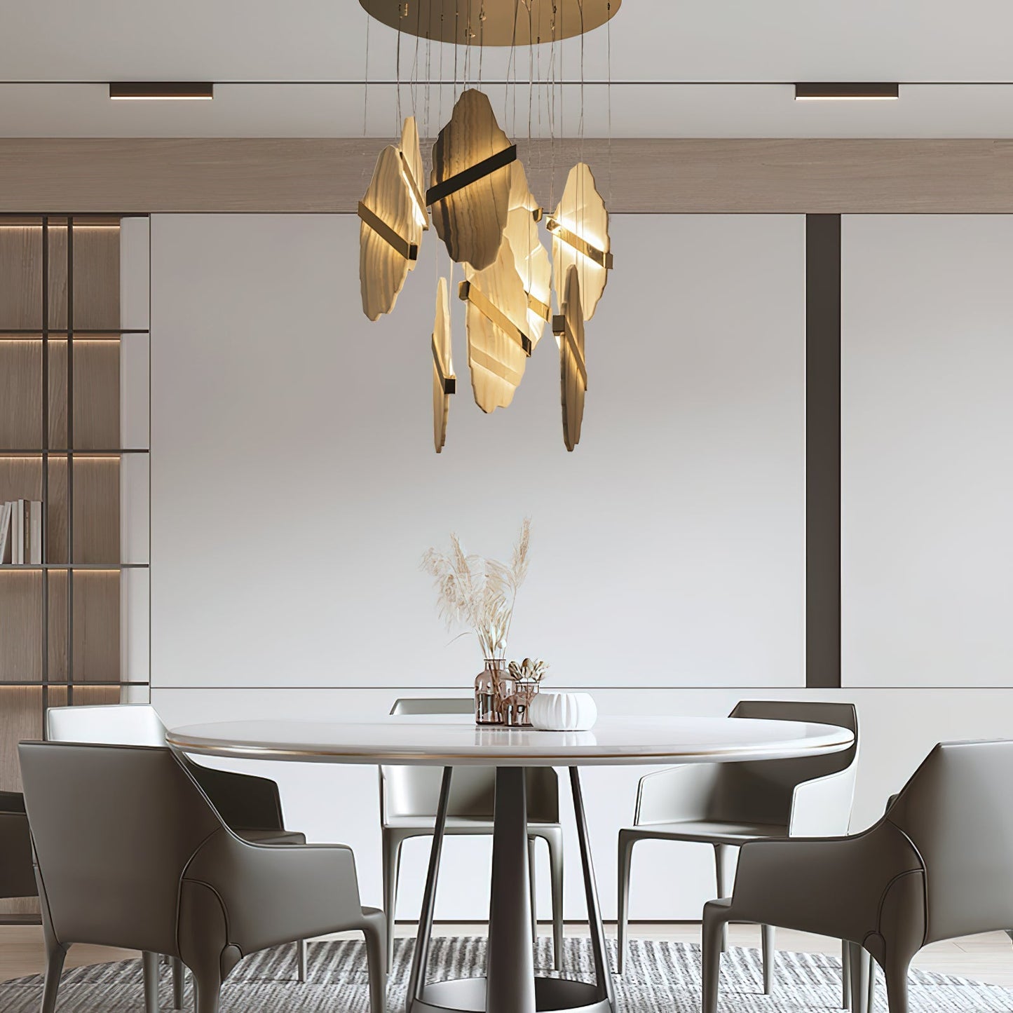 Auralith Gold-White Alabaster LED Chandelier with Seven Panels