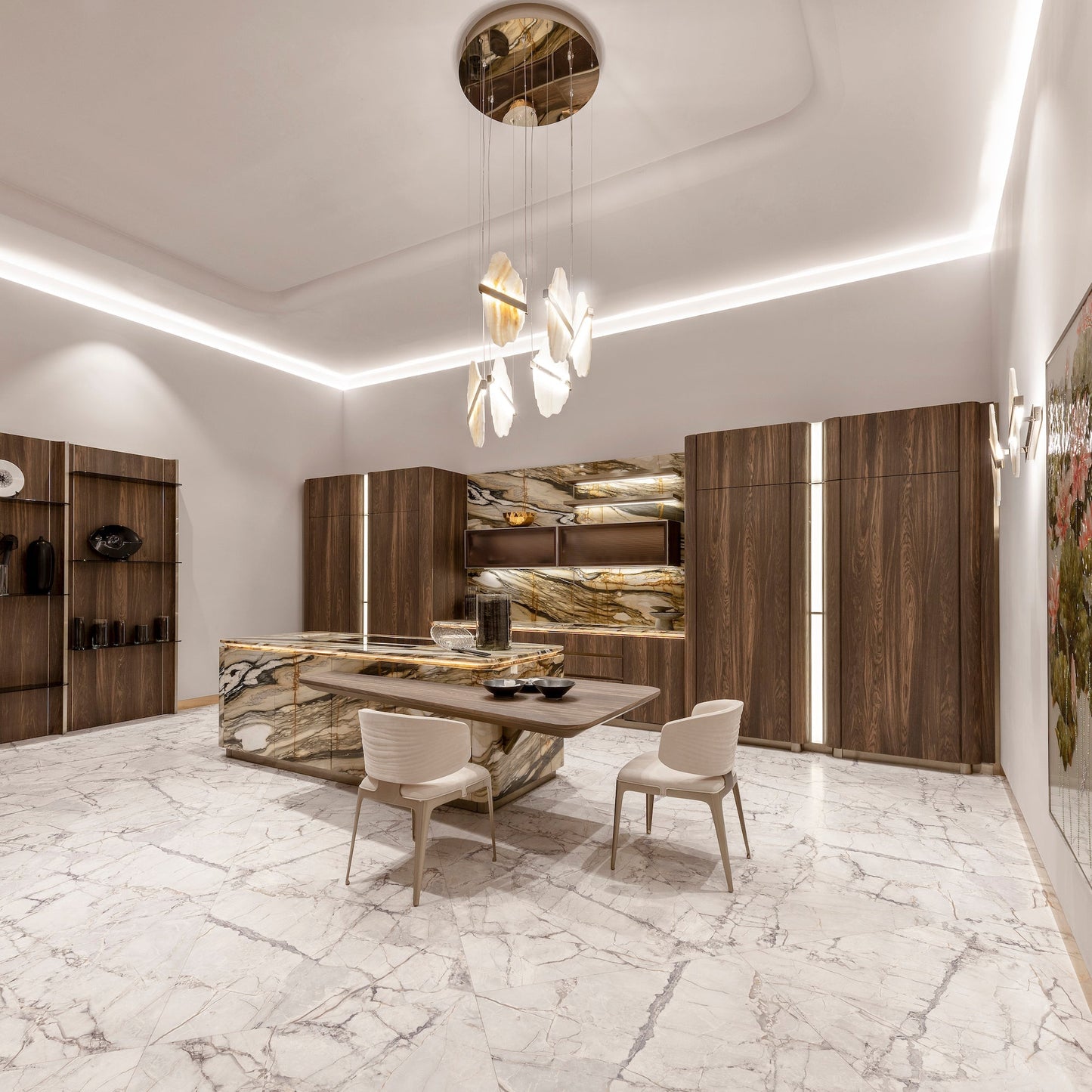 Auralith Gold-White Alabaster LED Chandelier with Seven Panels