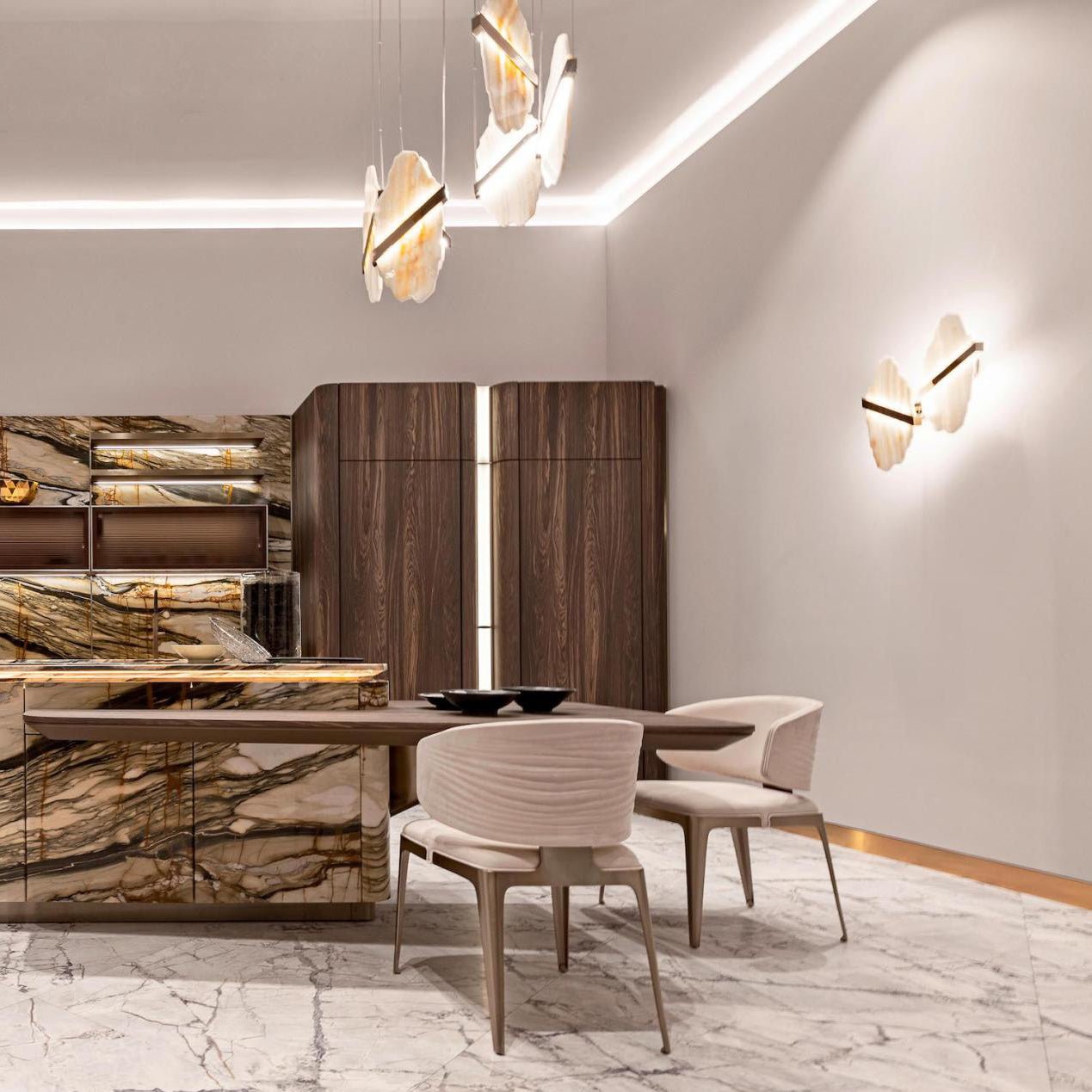 Auralith Gold-White Alabaster LED Chandelier with Seven Panels