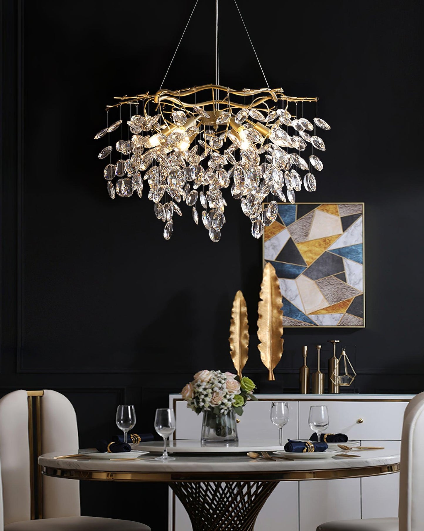 Sofia Brass Clear Crystal Round Branch Chandelier LED