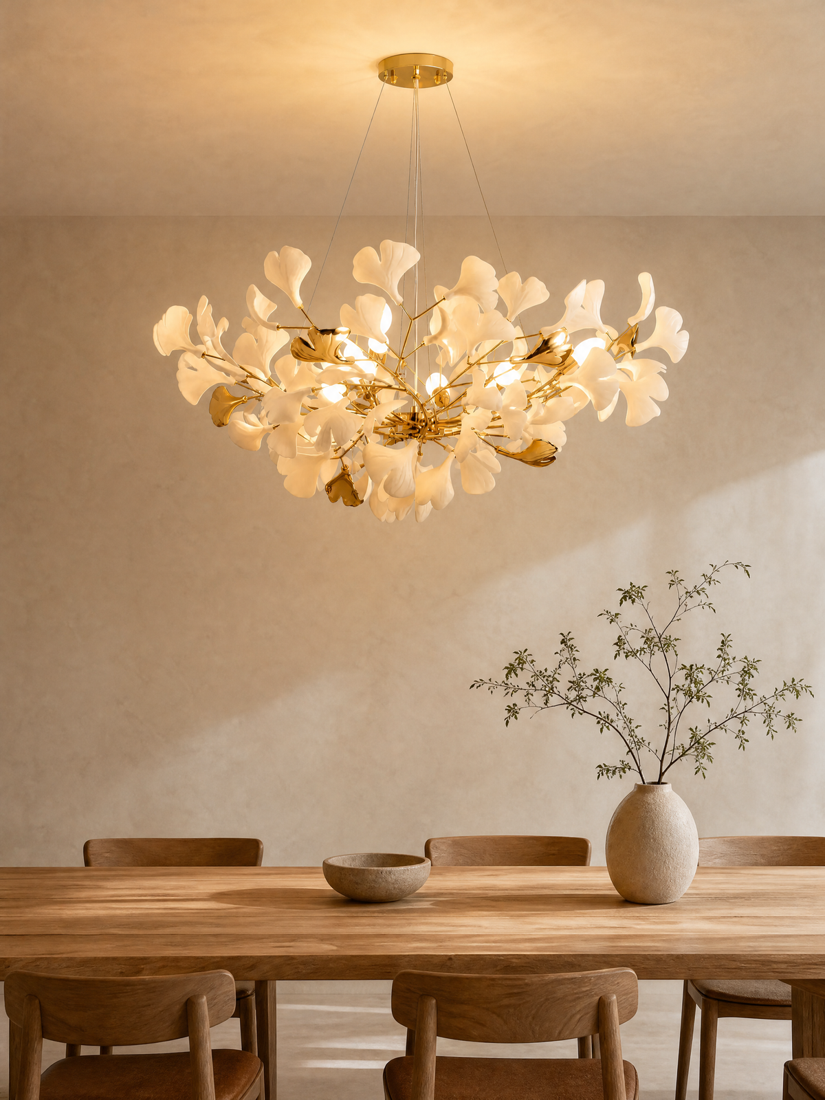 Ceramic ginkgo leaf linear chandelier above a dining table