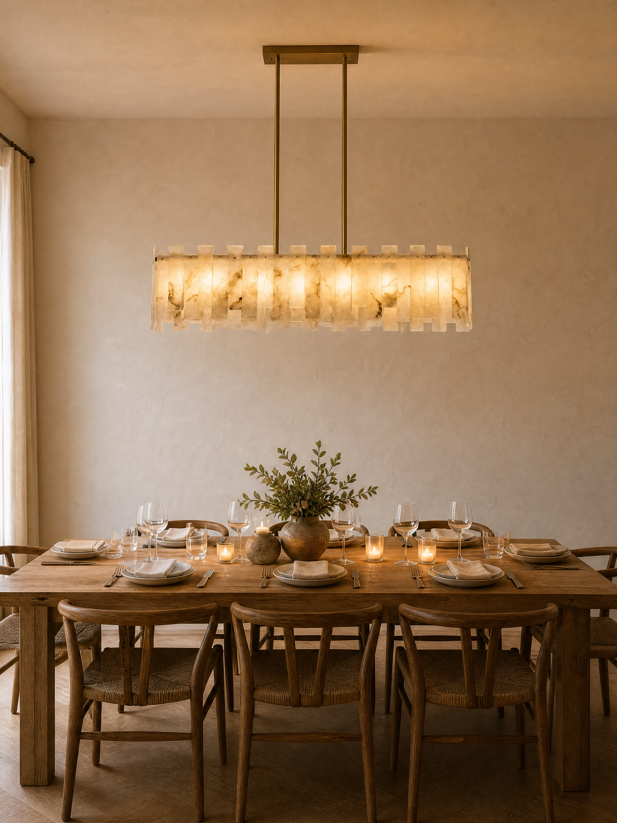 Alabaster linear chandelier over a long dining table