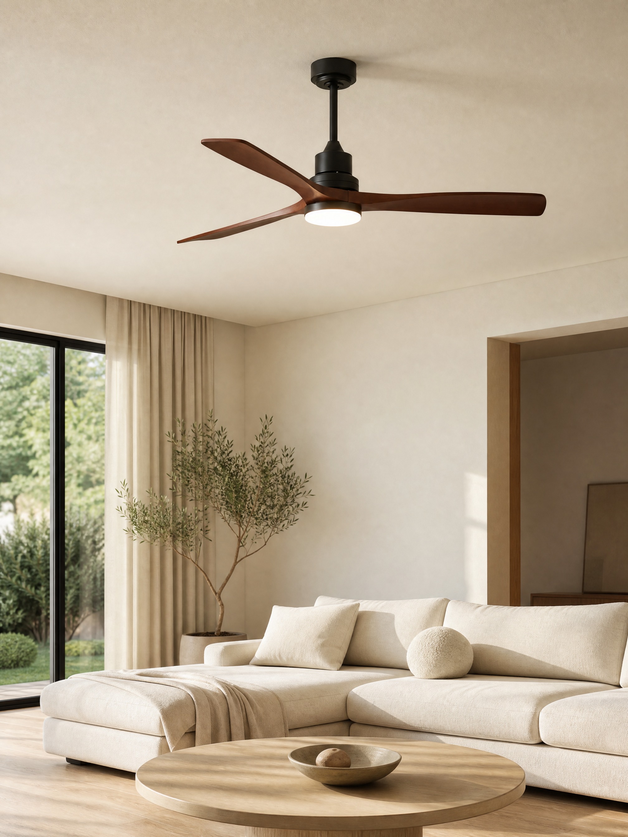 Modern ceiling fan with light in a calm living room
