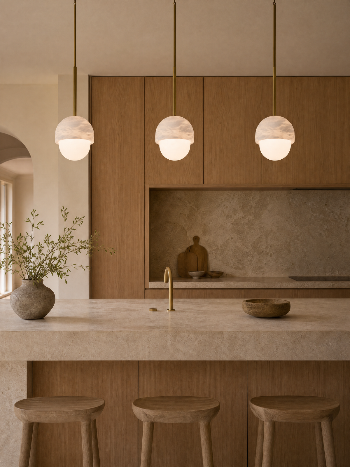 Three alabaster globe pendants above a stone kitchen island