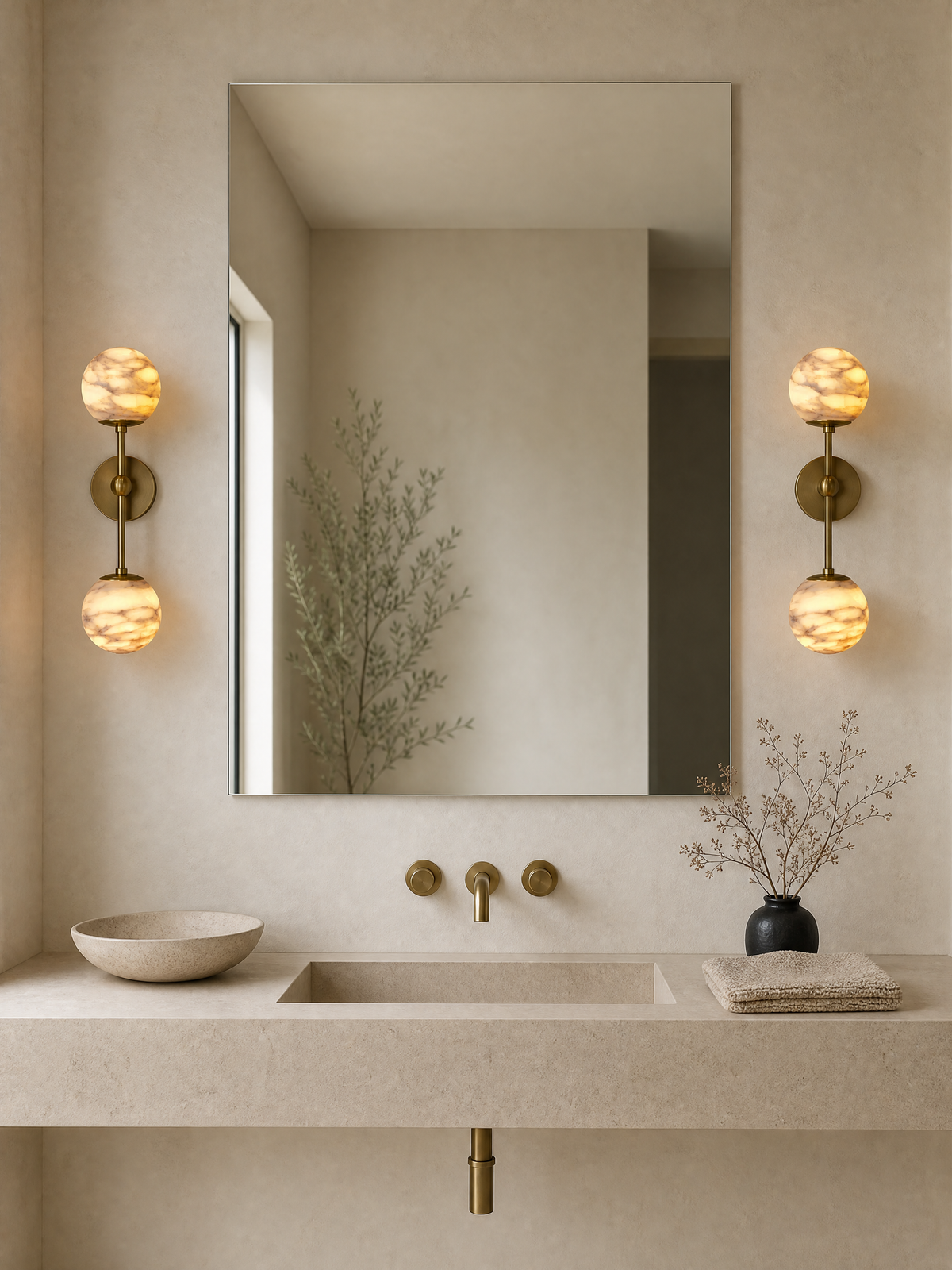 A pair of alabaster wall sconces flanking a vanity mirror