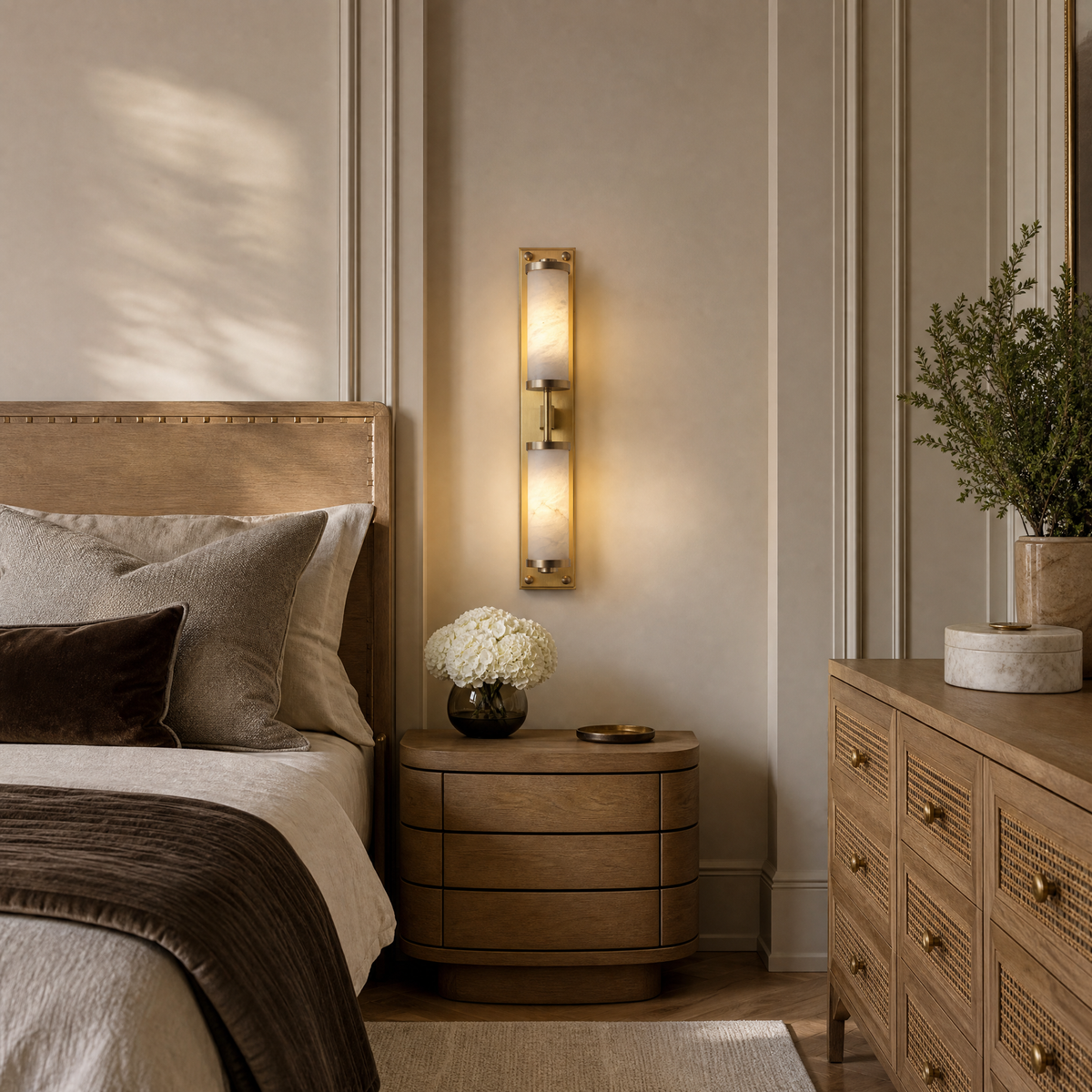 Cylinder Arm Tall Stacked Alabaster Brass Wall Sconce