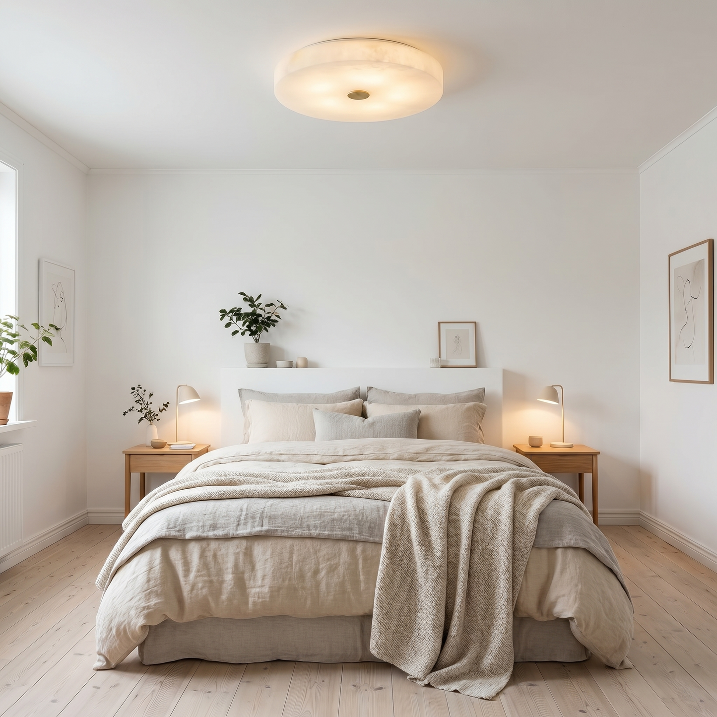 Orbita alabaster flush mount — bedroom scene, warm ambient glow