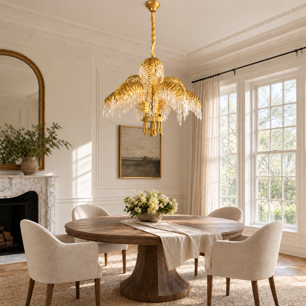 Crystal Chandelier Glam Gold Metal Palm Leaf 9-Light Ø29.9" for Dining Room