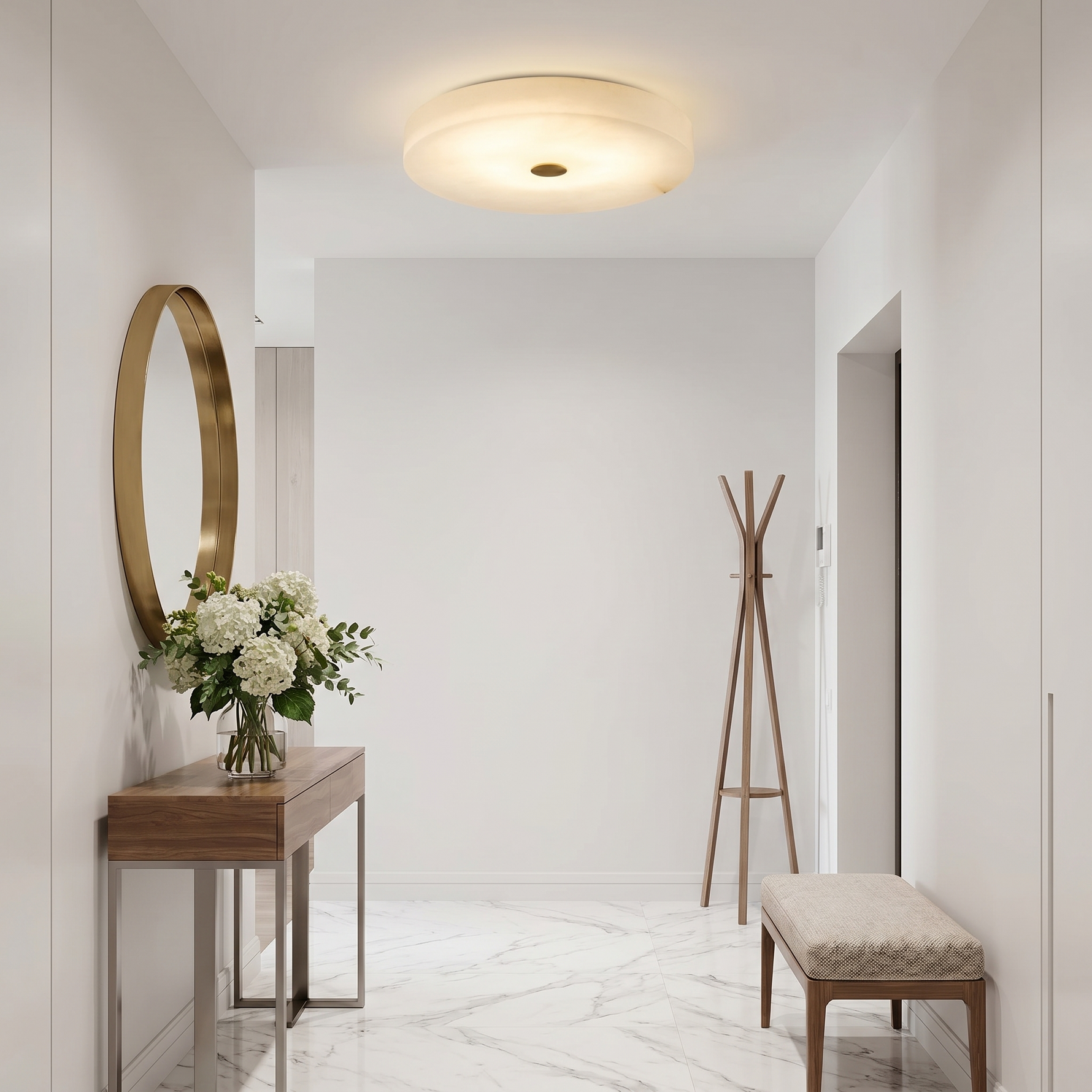 Hallway alabaster flush mount with soft warm light — Orbita modern ceiling lamp