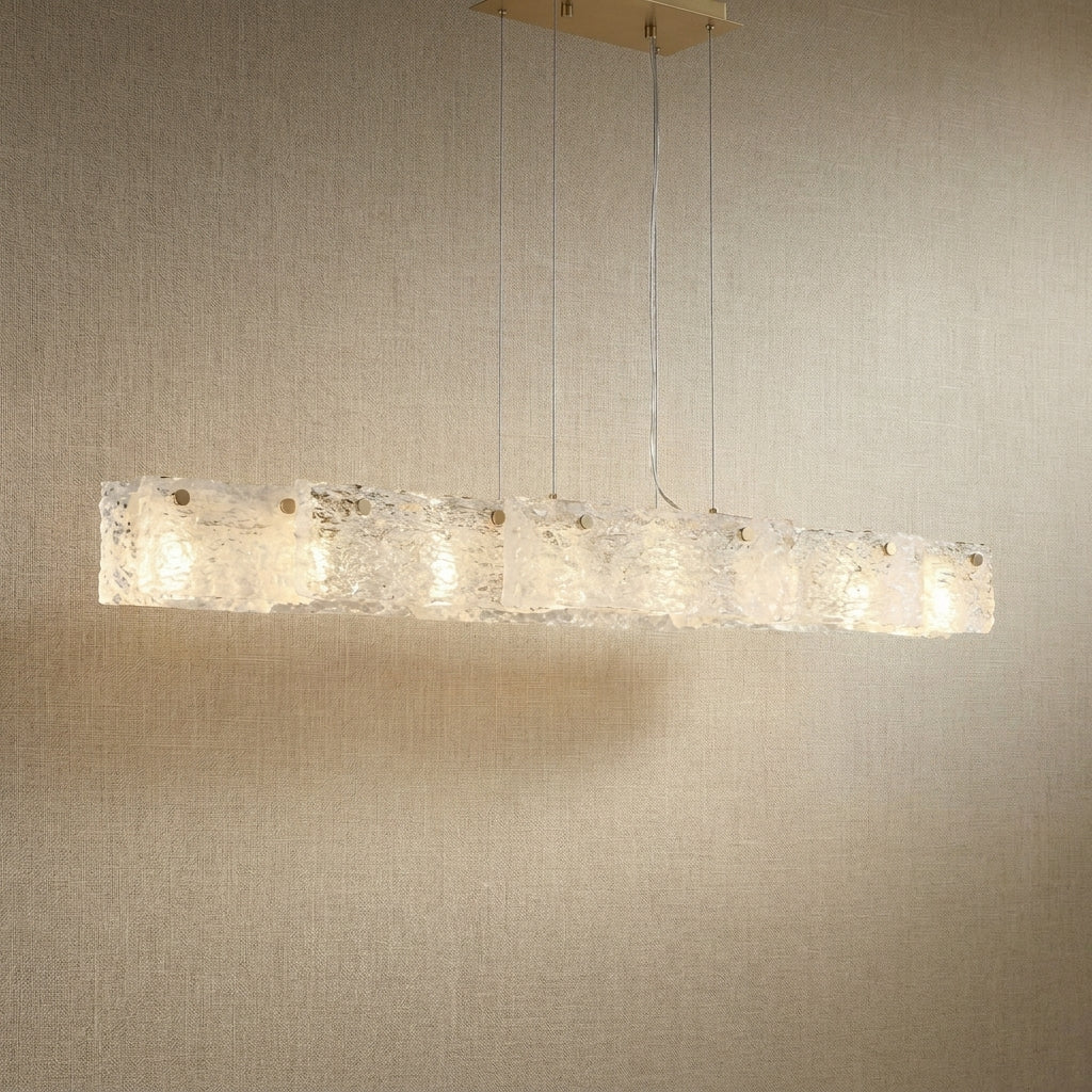 Yiosi 63" linear glass chandelier with handmade textured glass panels and champagne gold canopy — modern dining pendant