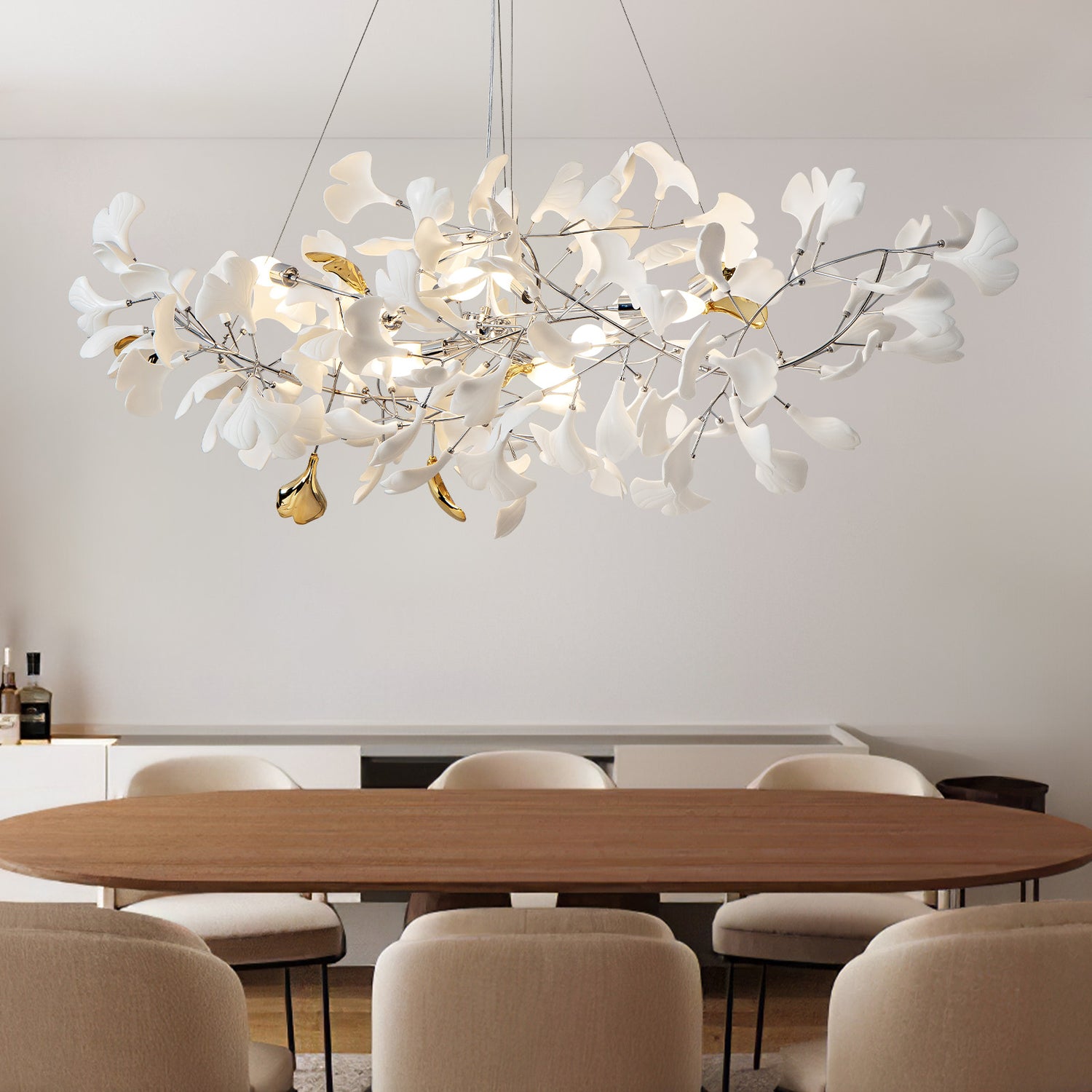 Ceramic Ginkgo Leaf Linear Dining Pendant 1500 - Silver