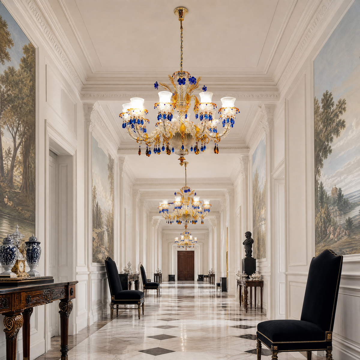 10-Light Blue and Amber Floral Glass Chandelier