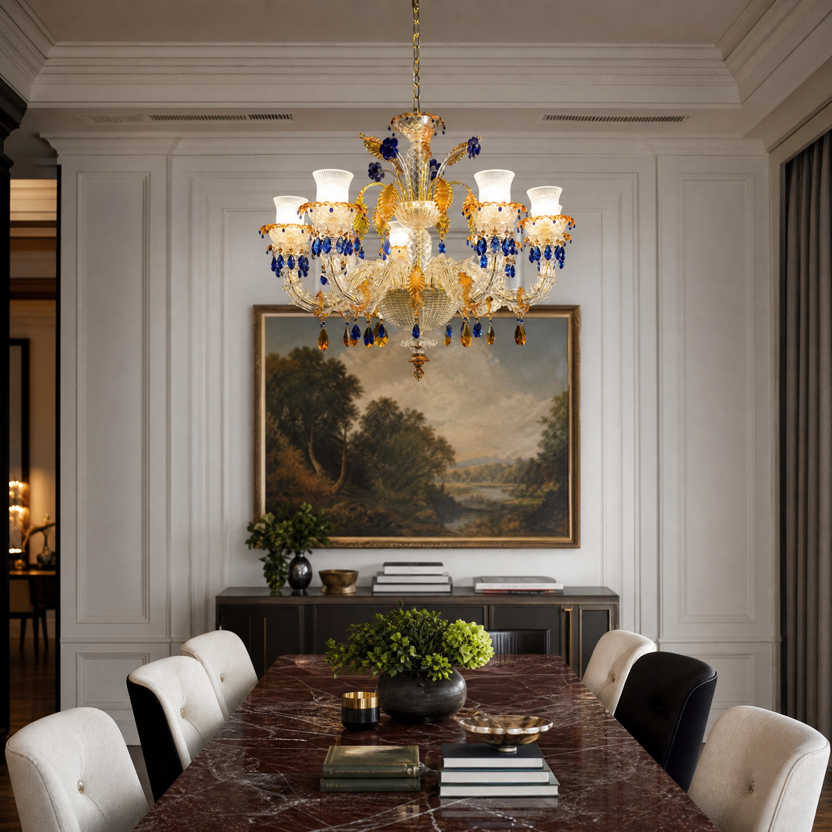 10-Light Blue and Amber Floral Glass Chandelier